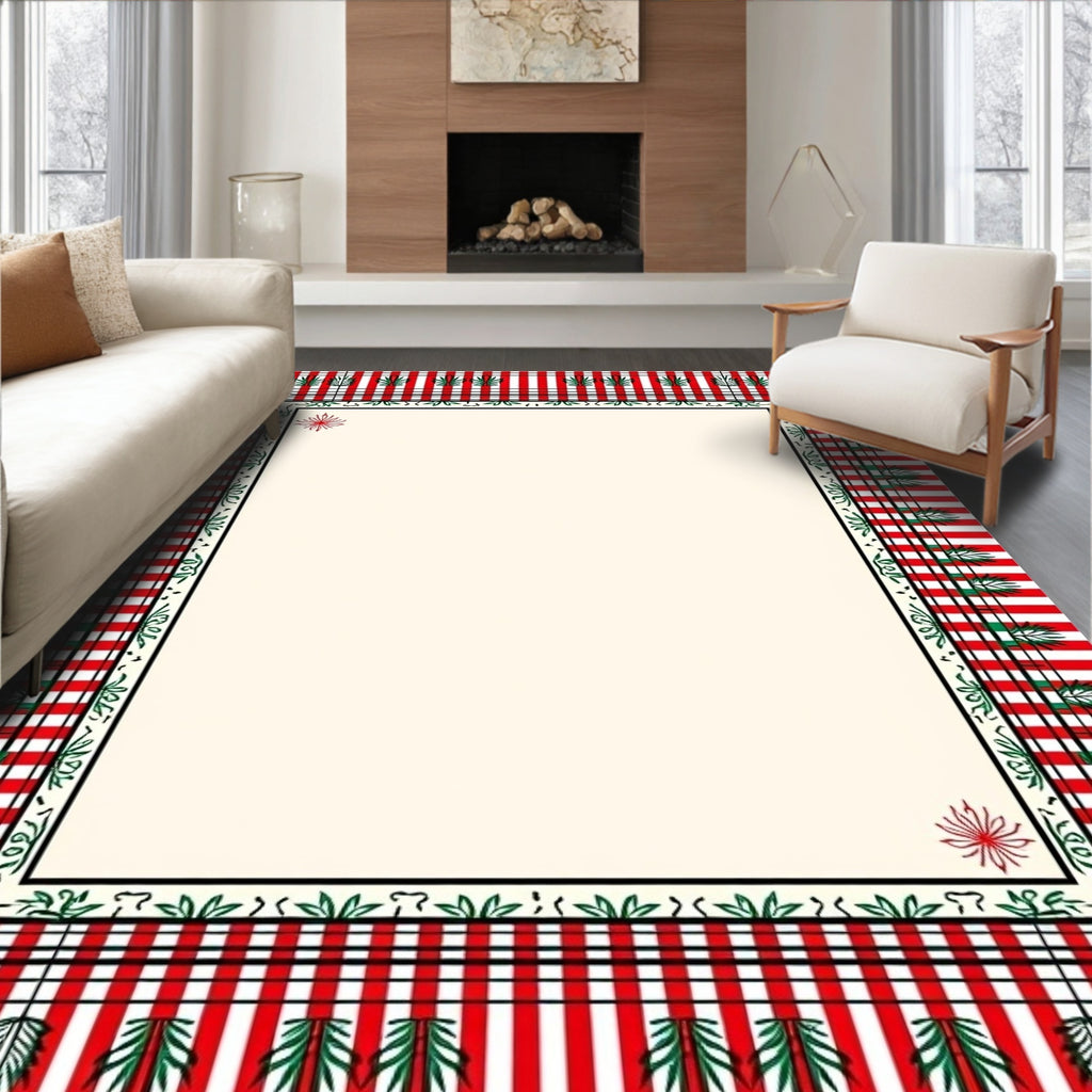 Red Green Stripe Border Floral Rug