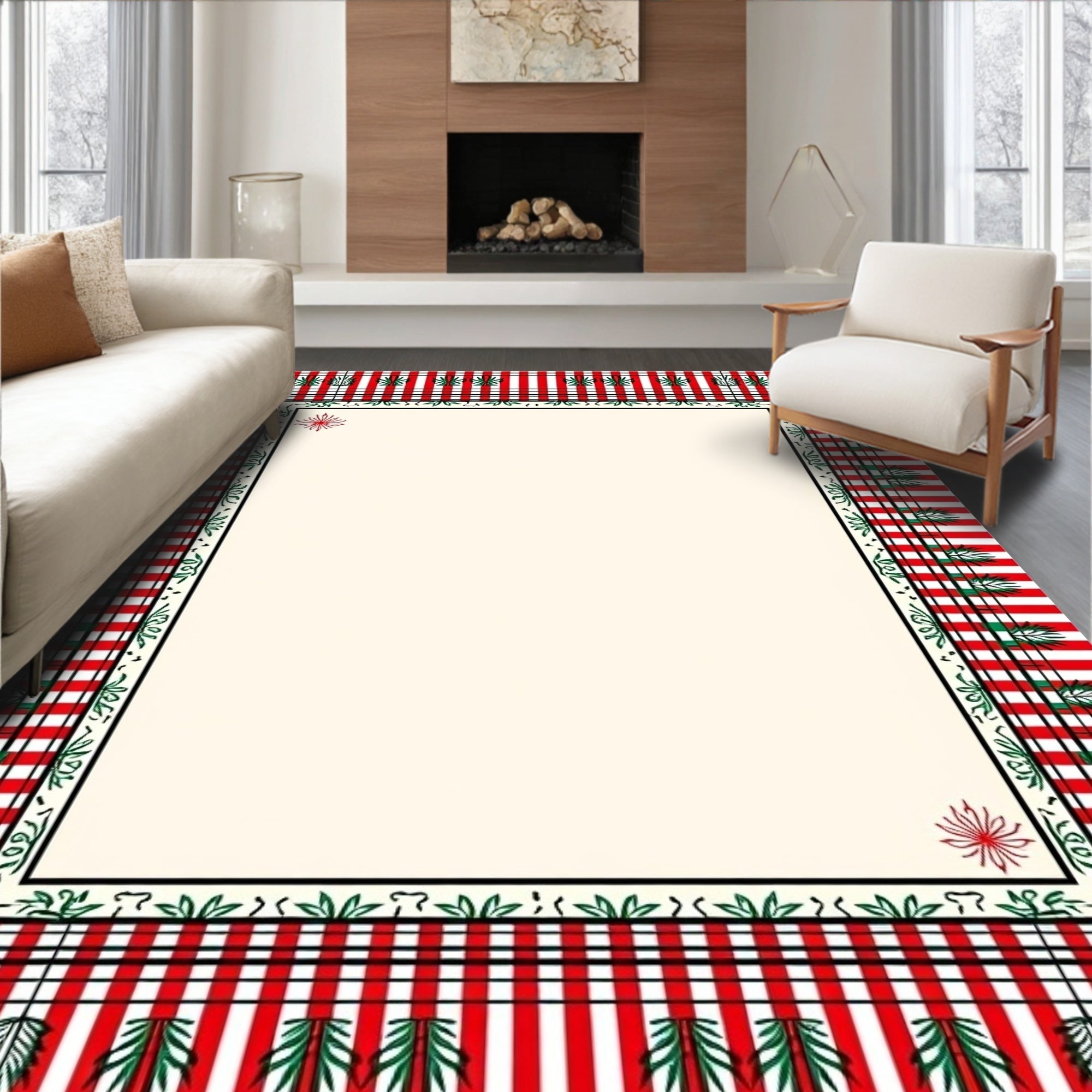 Red Green Stripe Border Floral Rug