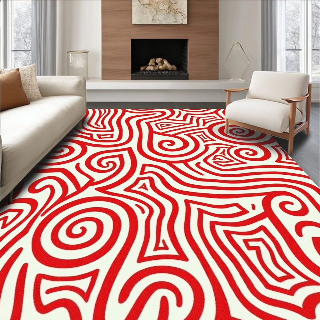 Red Swirling Lines Maze Rug