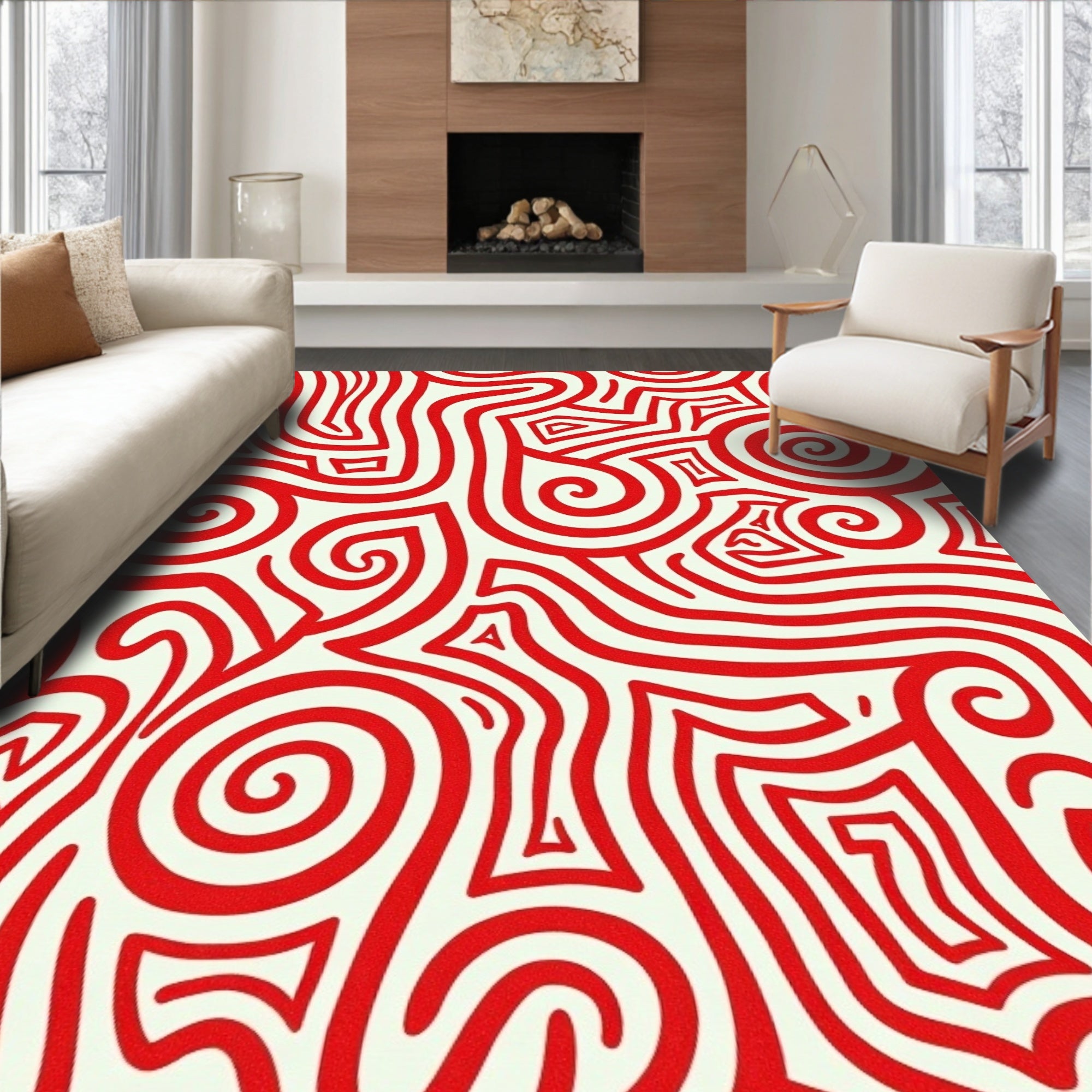 Red Swirling Lines Maze Rug