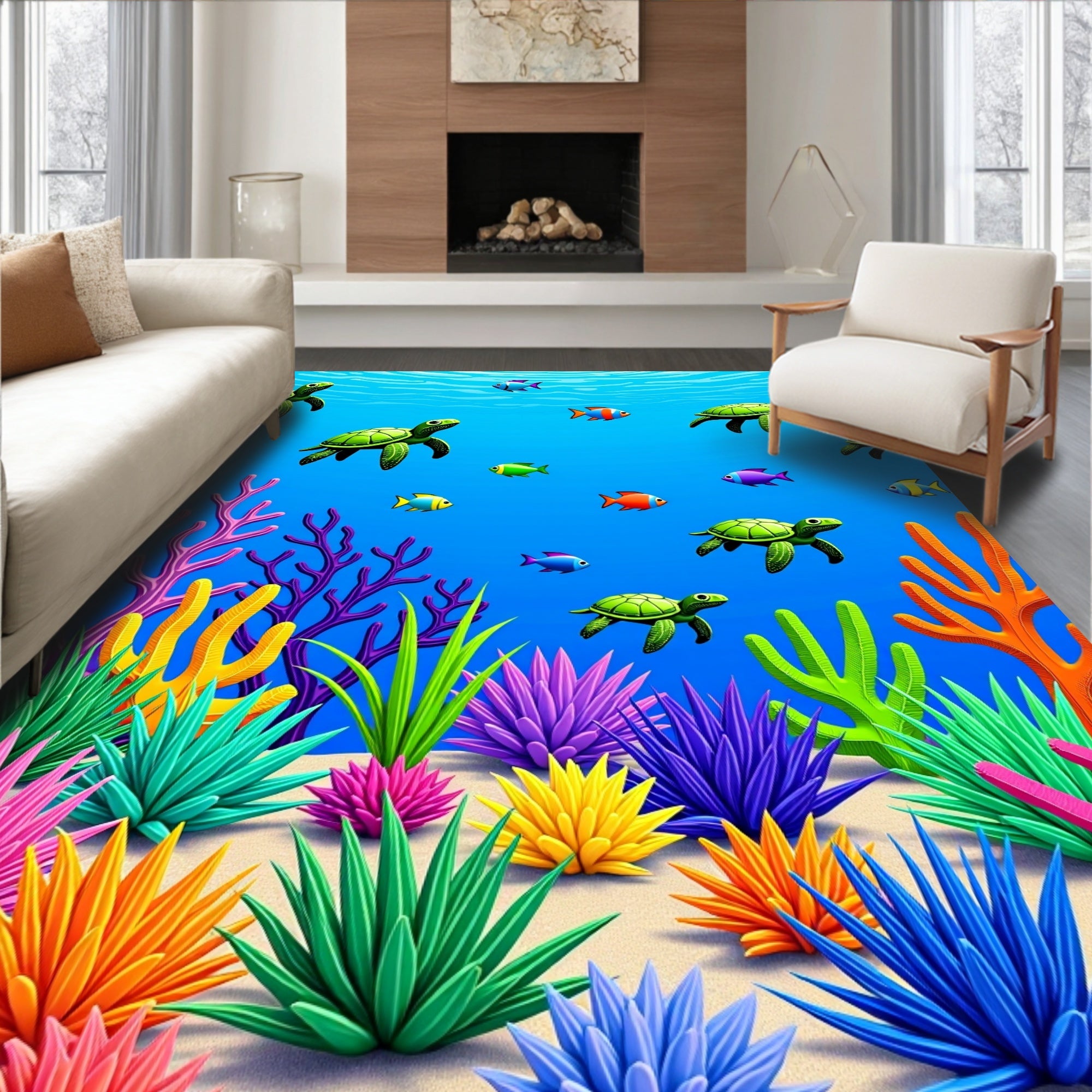 Underwater Ocean Life Turtles and Fish Rug