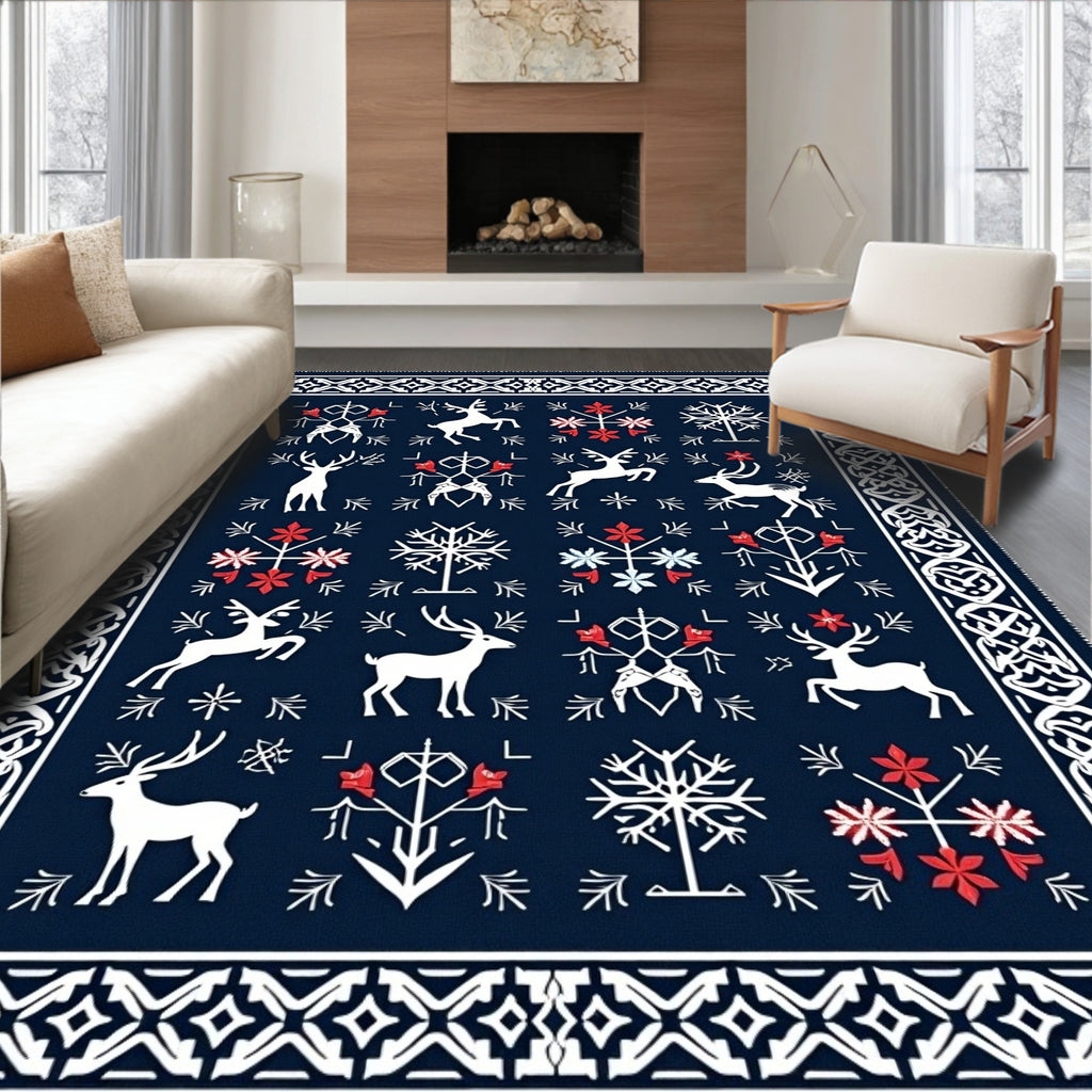 Deep Blue Nordic Reindeer Folk Art Rug