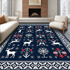 Deep Blue Nordic Reindeer Folk Art Rug
