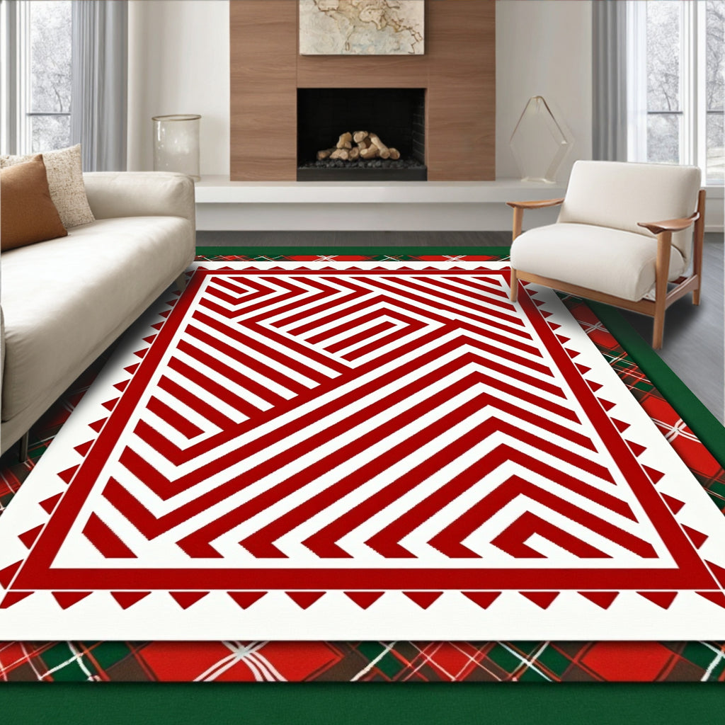 Classic Red White Geometric Maze Rug
