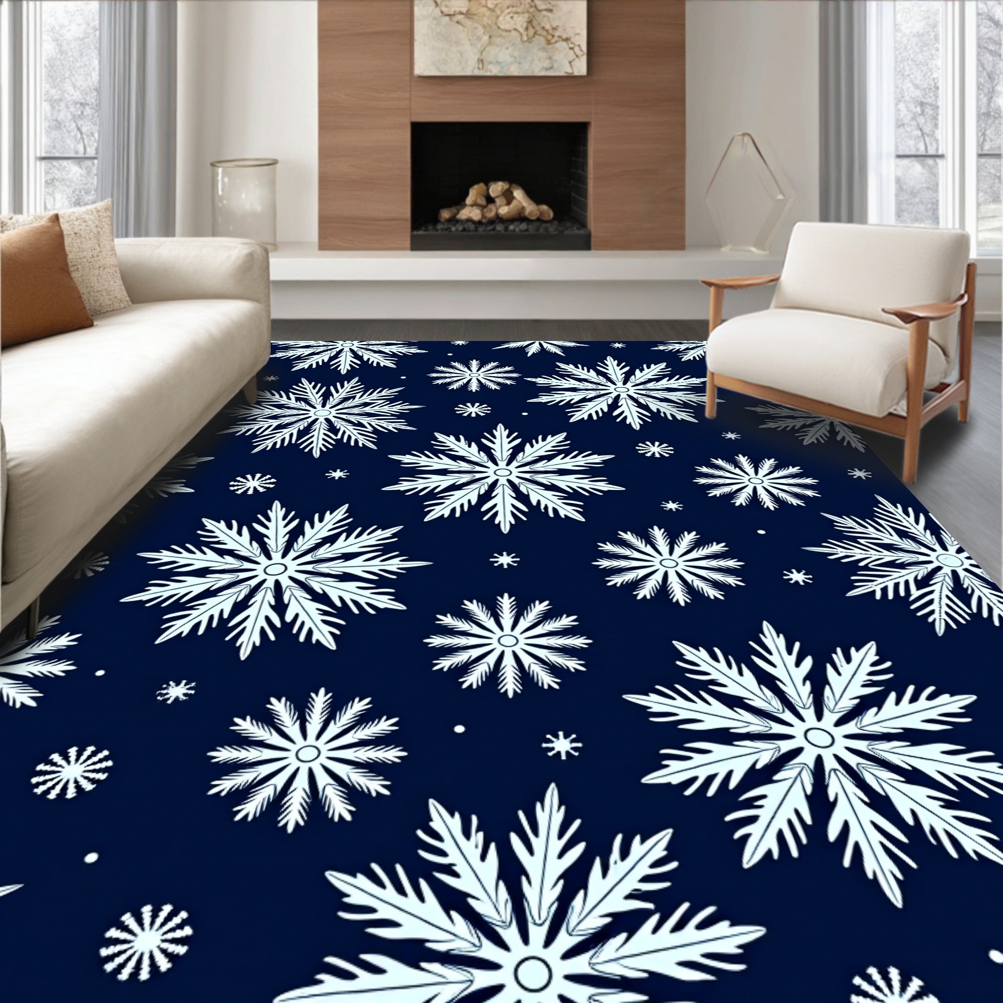 Winter White Snowflake Navy Scatter Rug