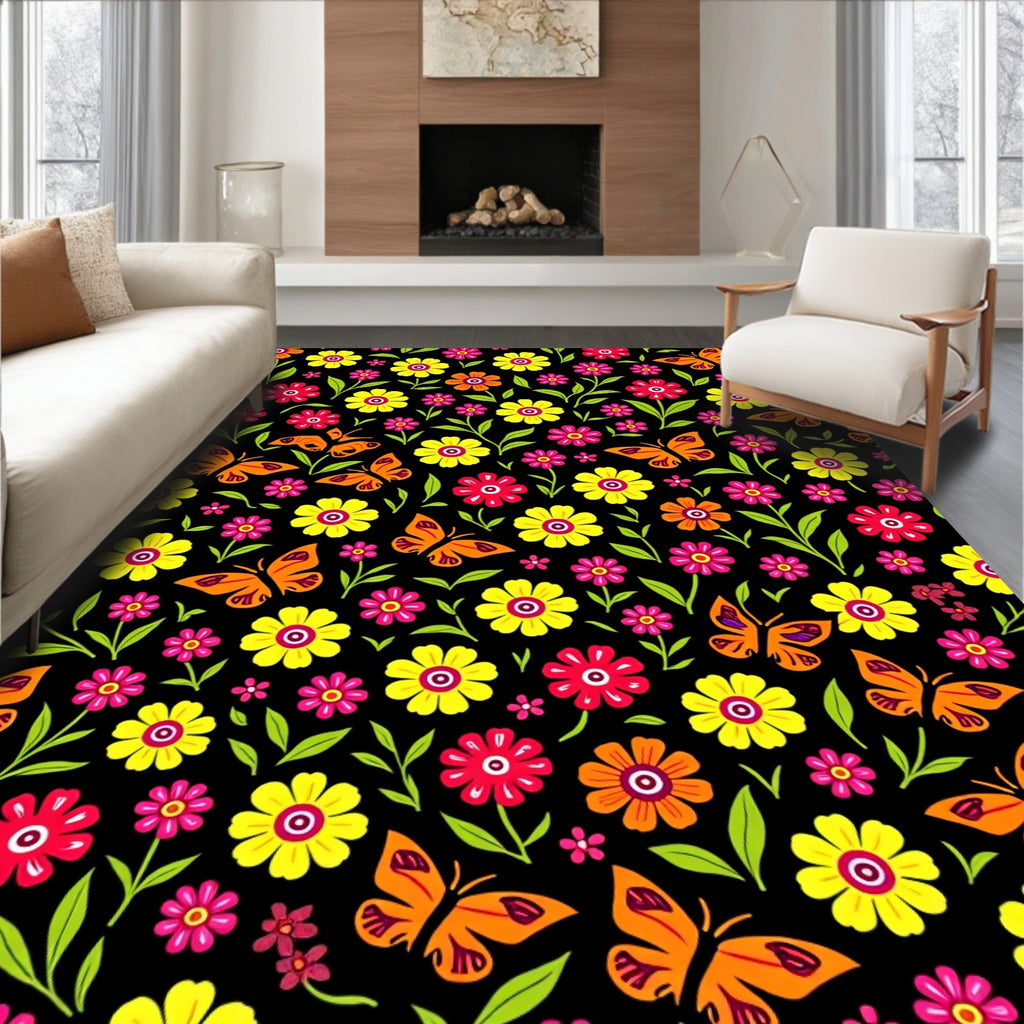 Vivacious Orange Butterfly Floral Medley Rug