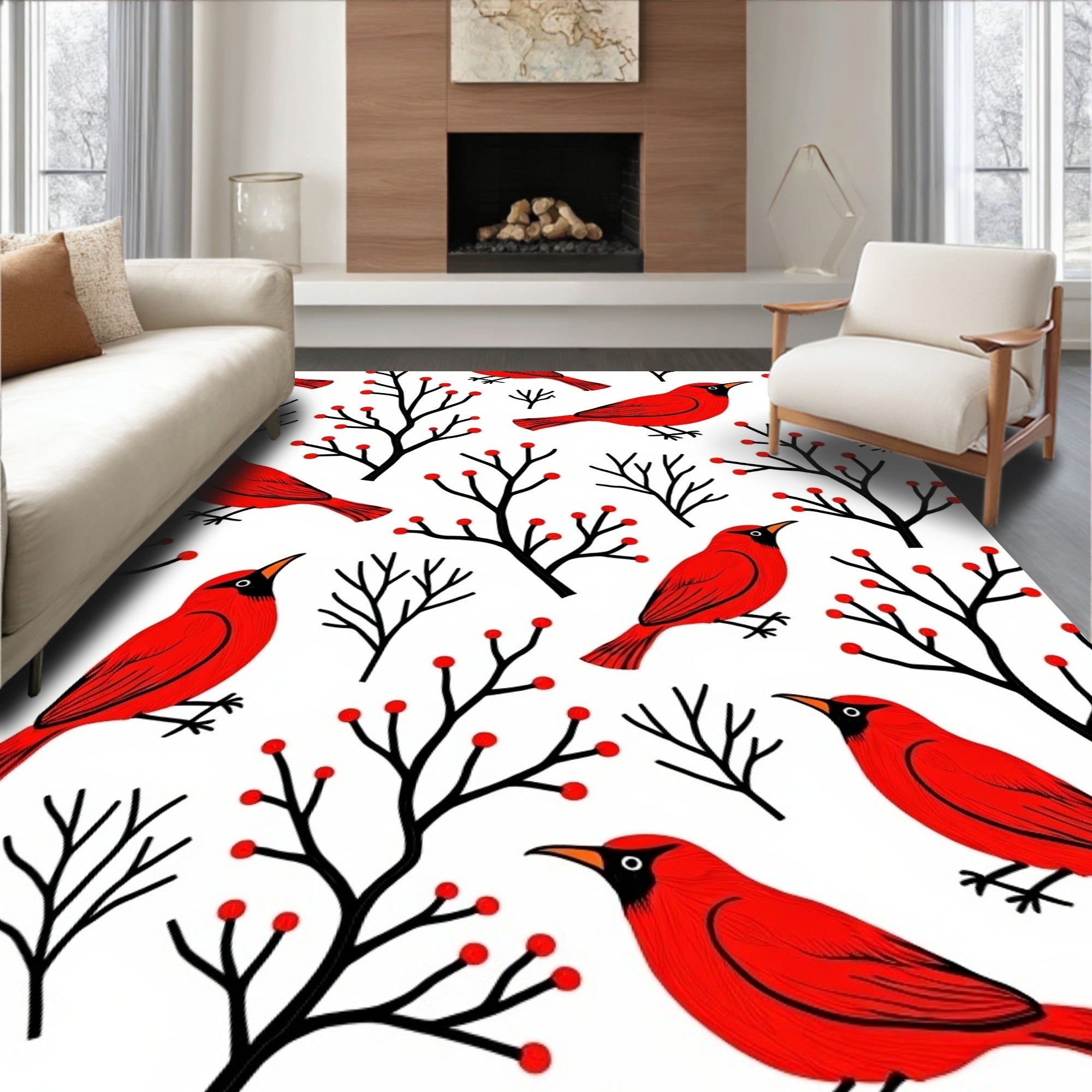 Red Cardinals Winter Berry Branches Rug