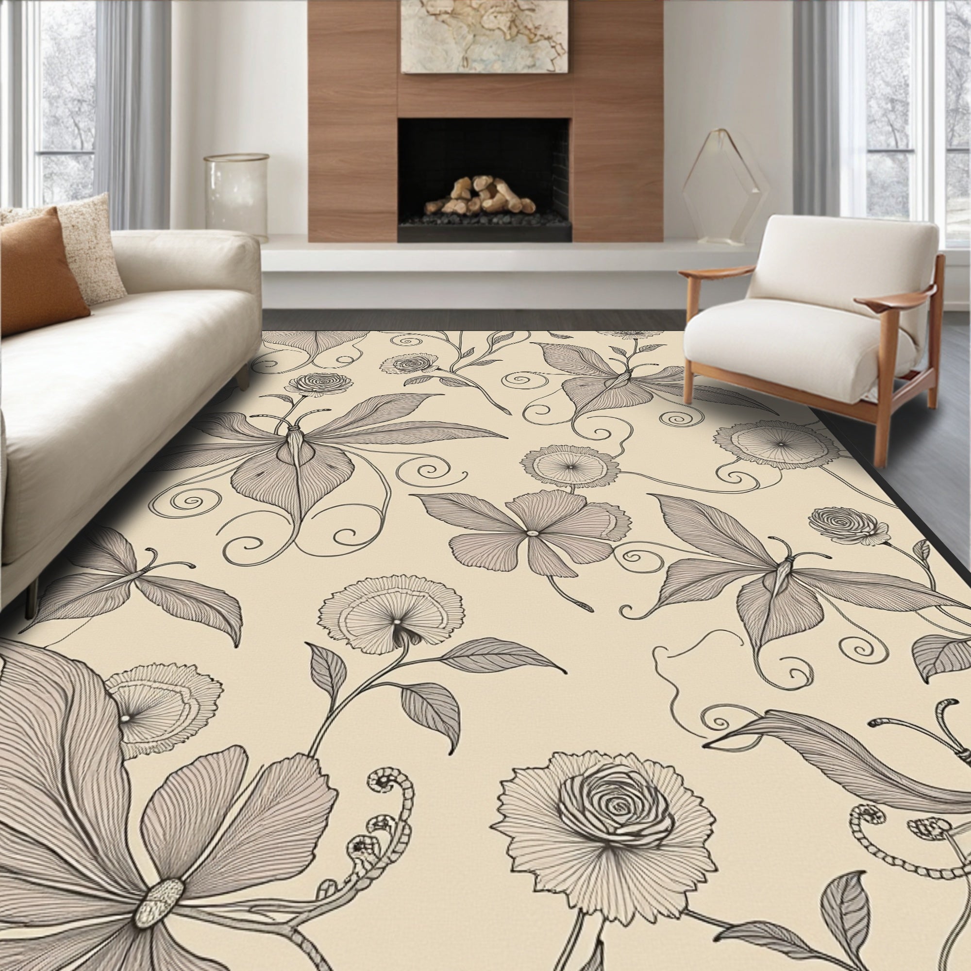 Whimsical Butterfly Garden Floral Arrangement Rug