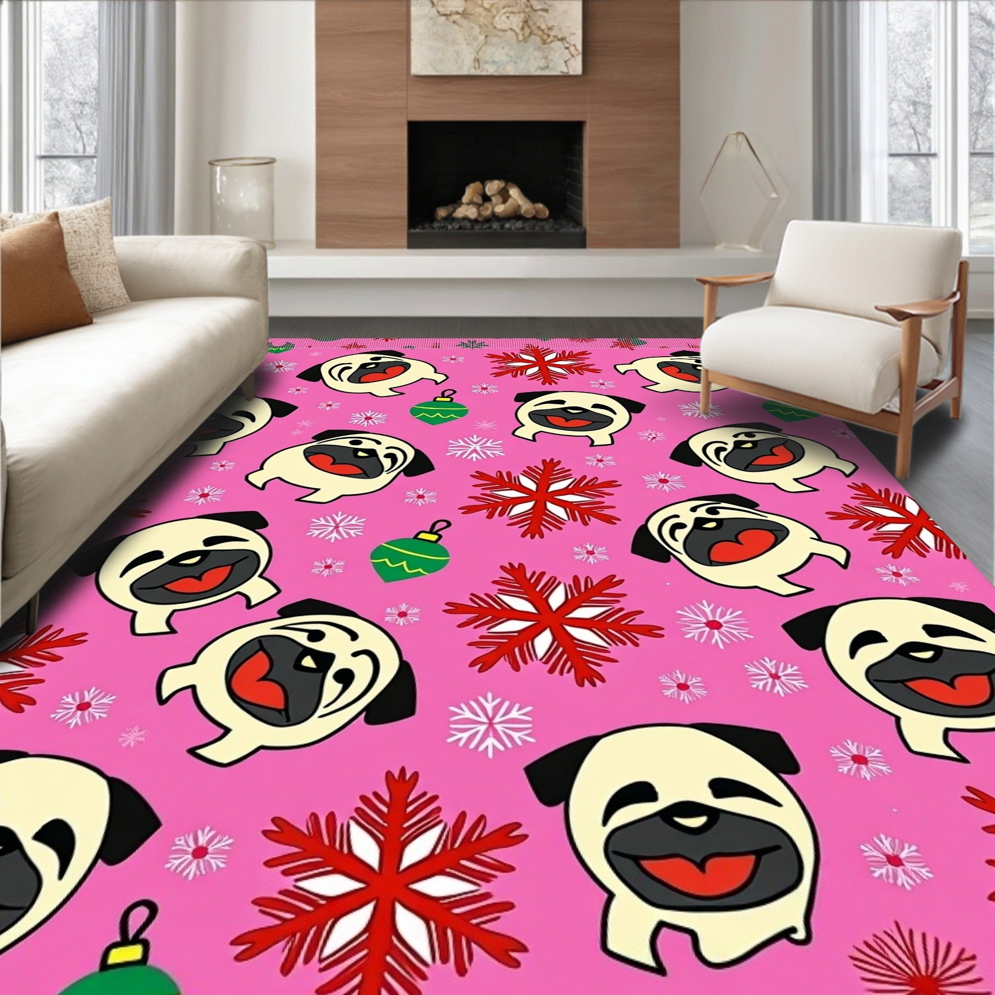 Pink Pug And Snowflake Holiday Rug