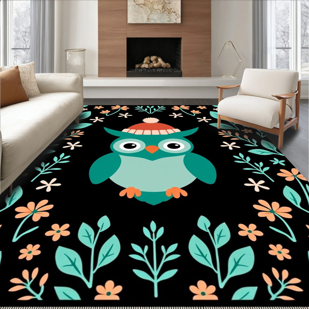Whimsical Teal Owl With Orange Hat Botanicals Rug