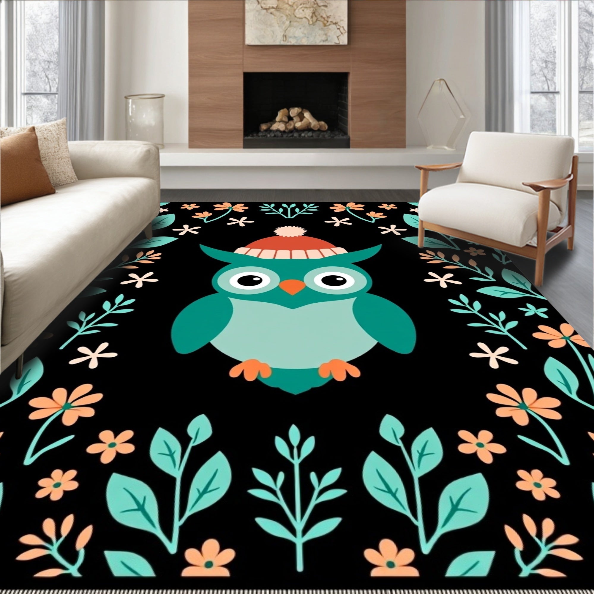 Whimsical Teal Owl With Orange Hat Botanicals Rug