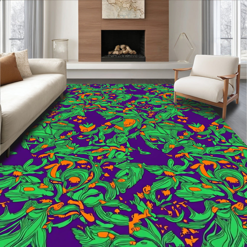 Vibrant Green Orange Swirls Purple Rug