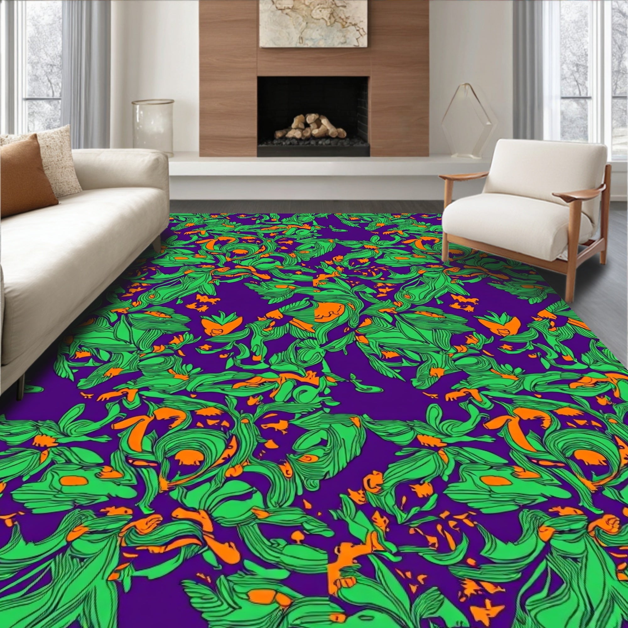 Vibrant Green Orange Swirls Purple Rug