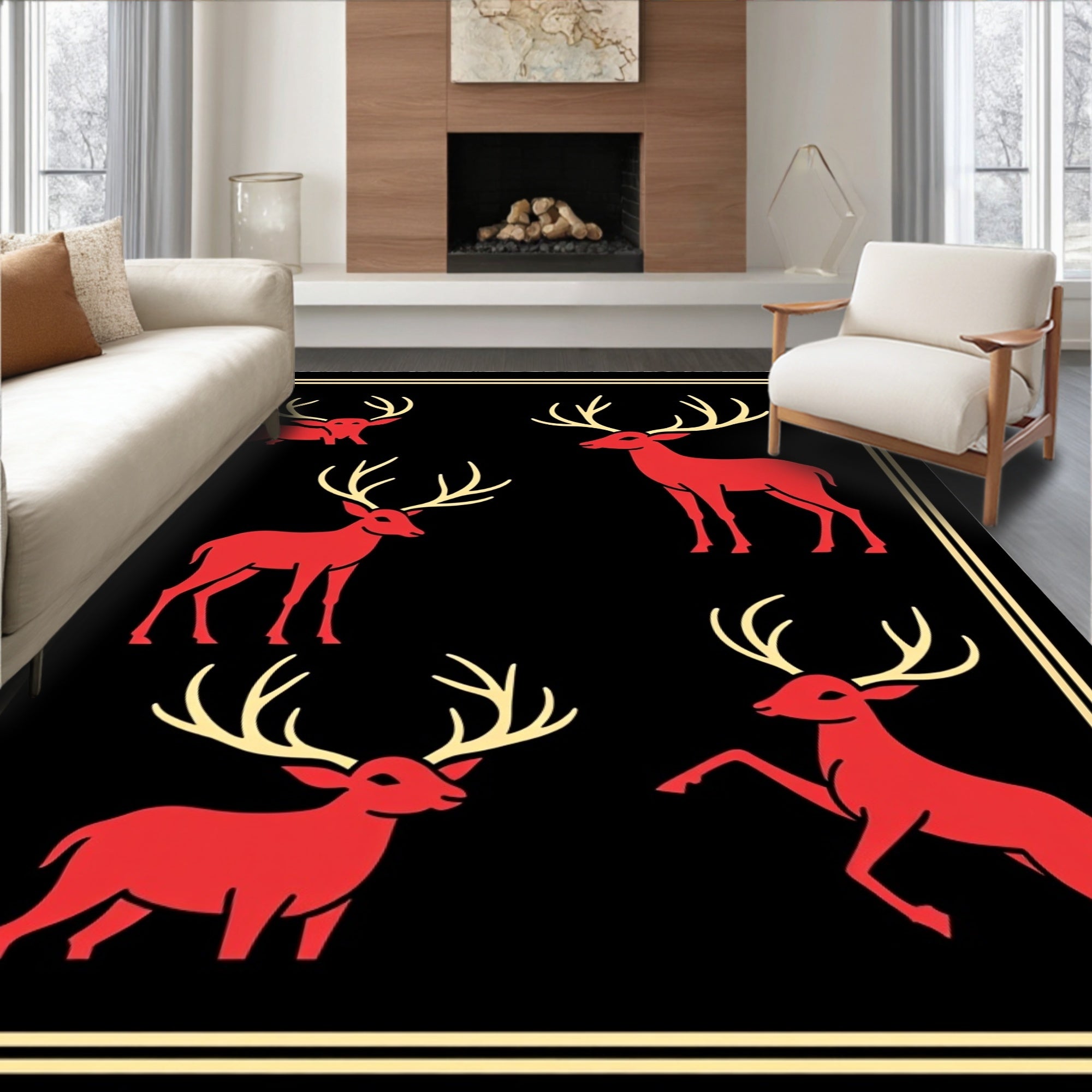 Bold Red Deer Silhouette Collage Rug