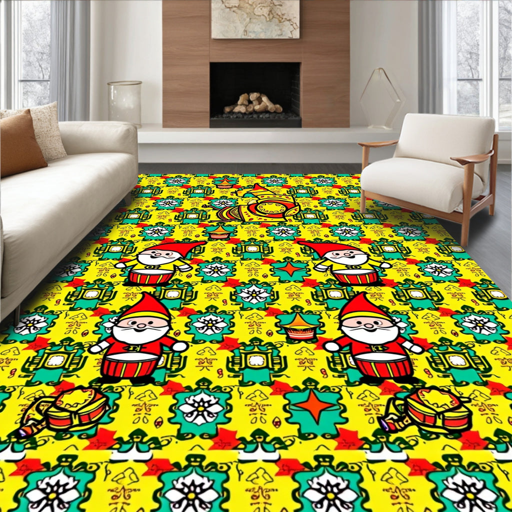 Whimsical Yellow Gnomes Floral Christmas Rug