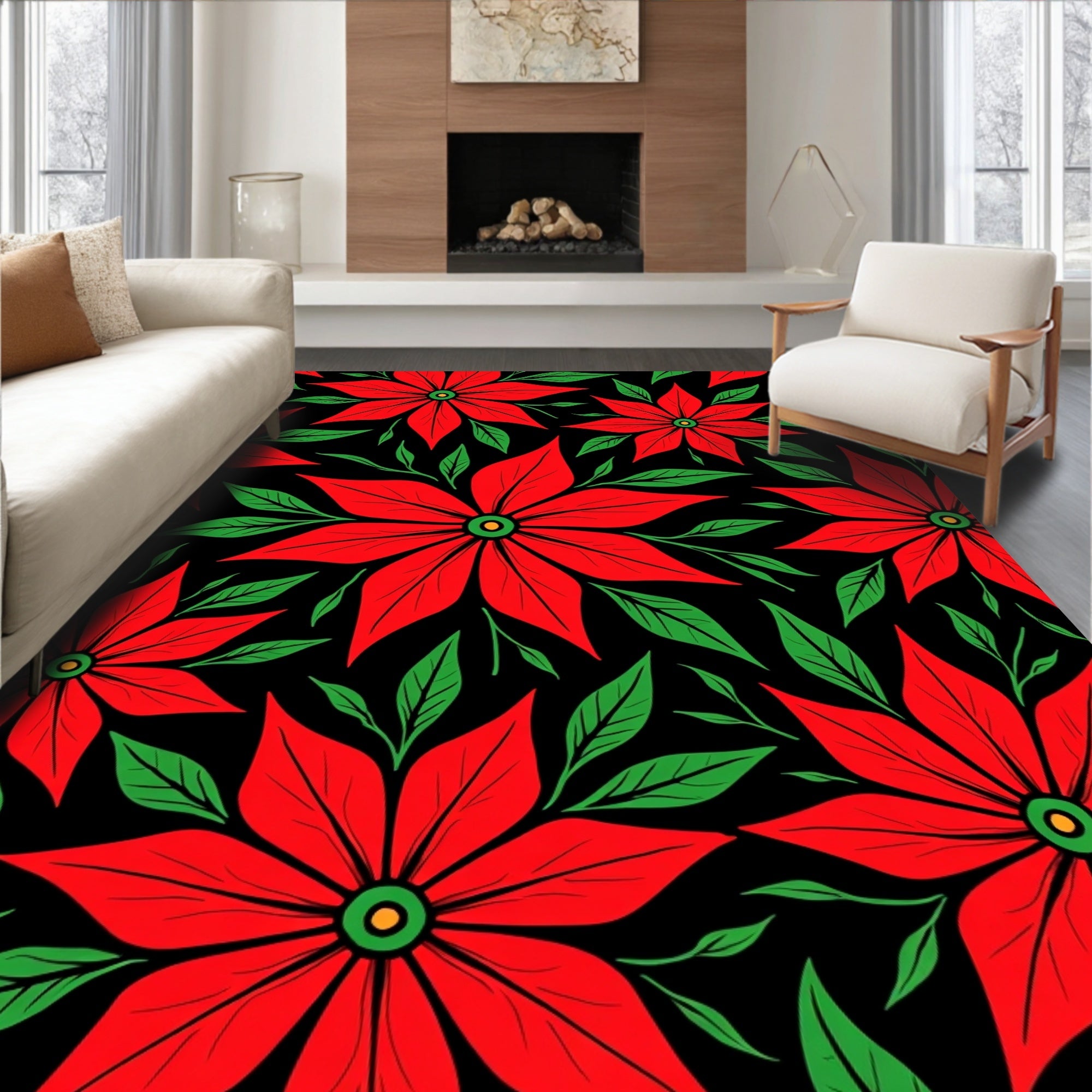 Bold Red Poinsettia Floral Repeat Rug