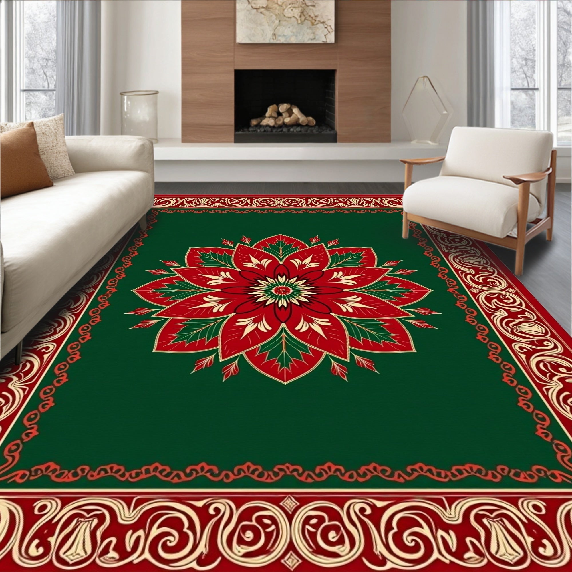 Rich Red Floral Medallion Emerald Border Rug