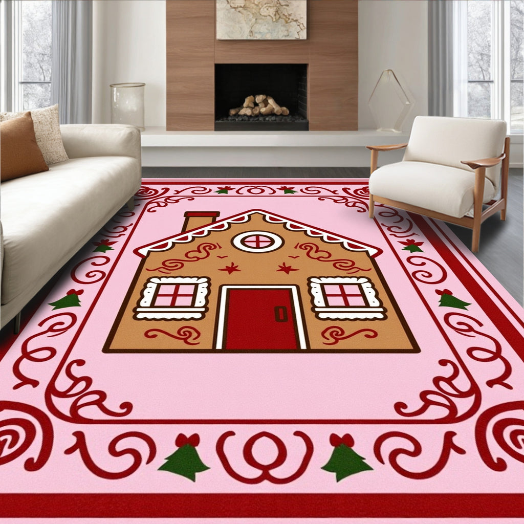 Pink Gingerbread House Festive Border Rug