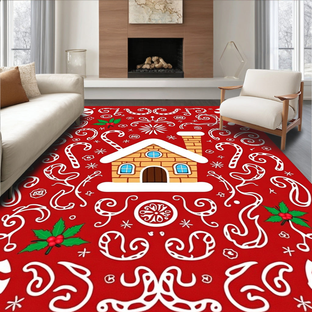 Whimsical Festive Gingerbread House Red Rug