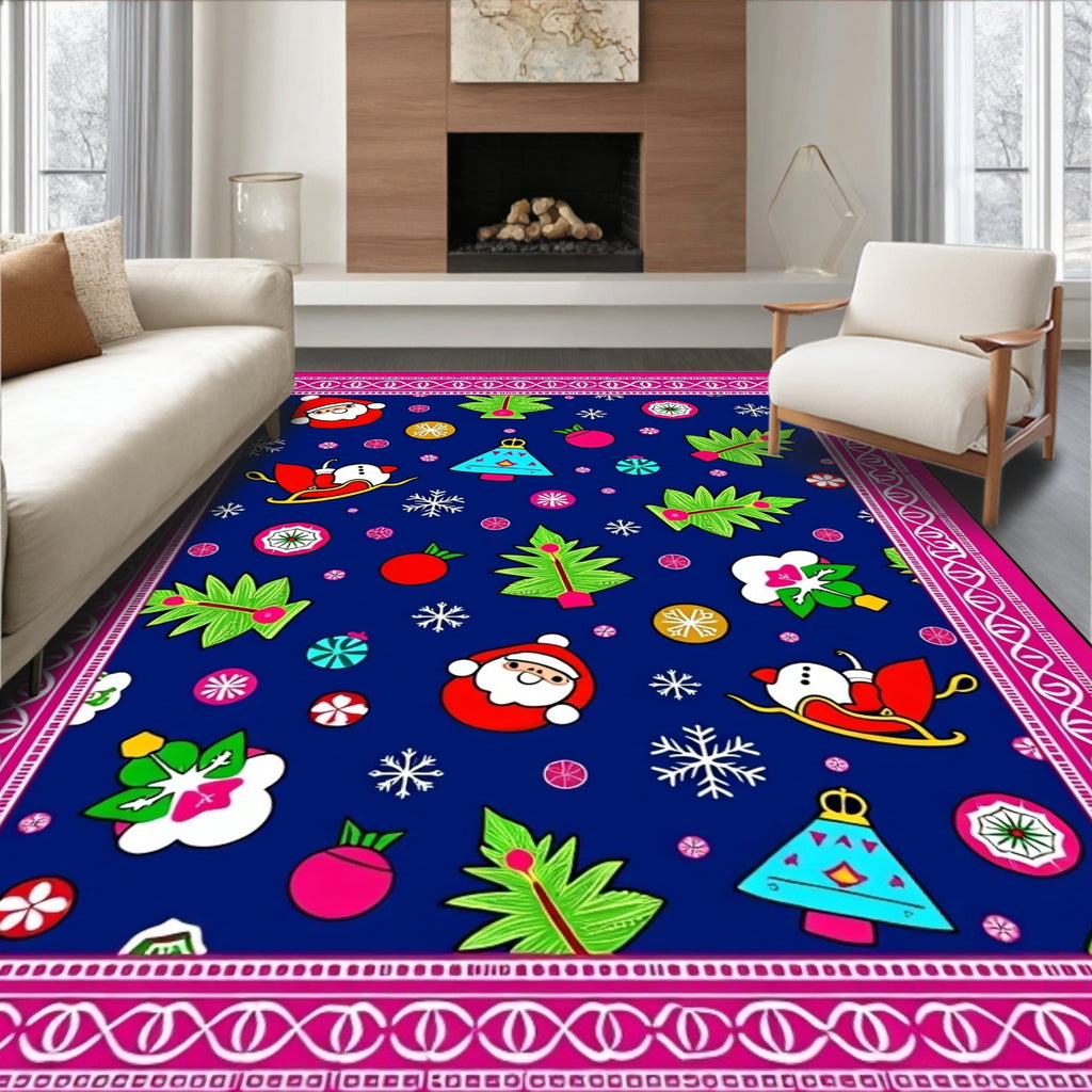 Festive Santa Snowman Christmas Trees Rug