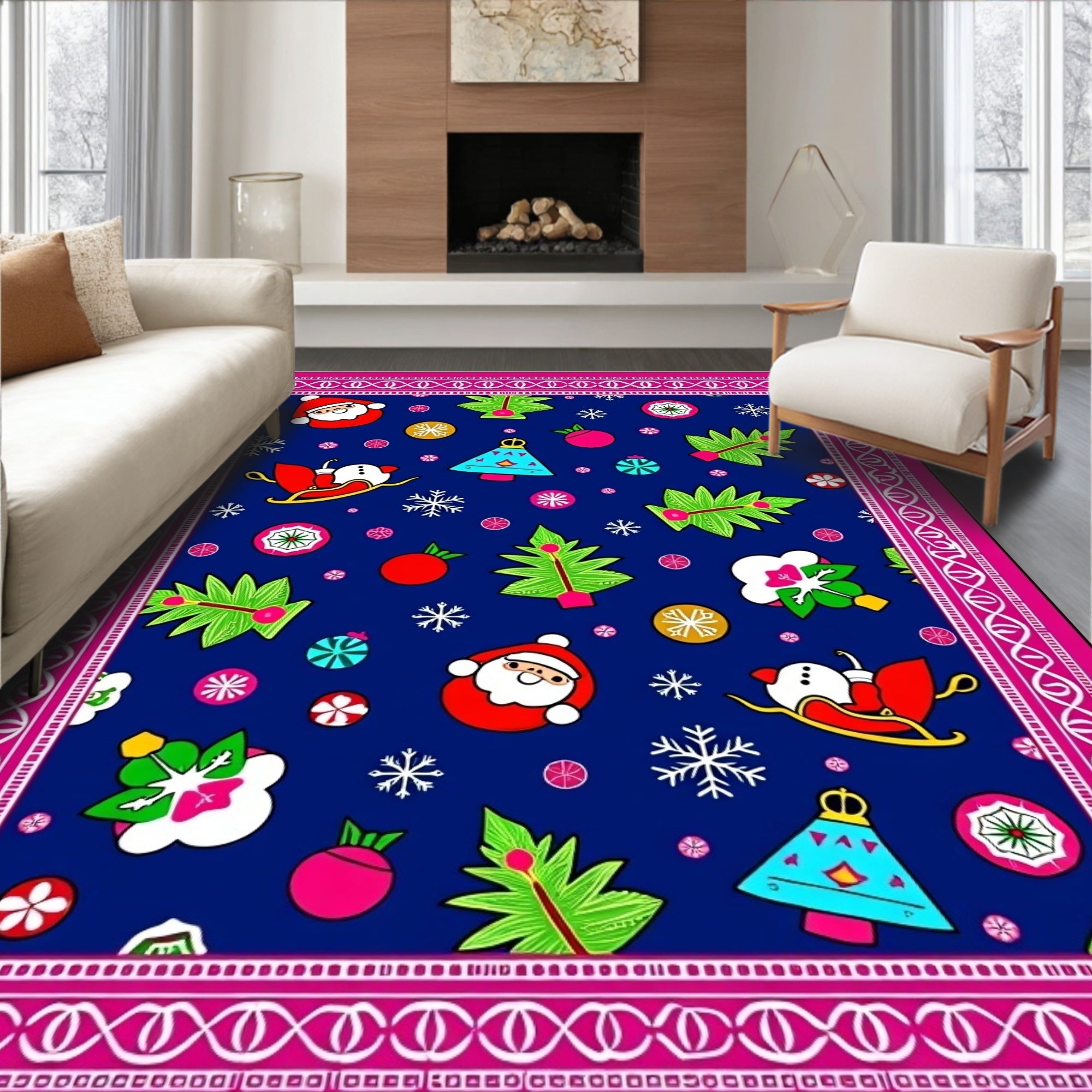 Festive Santa Snowman Christmas Trees Rug