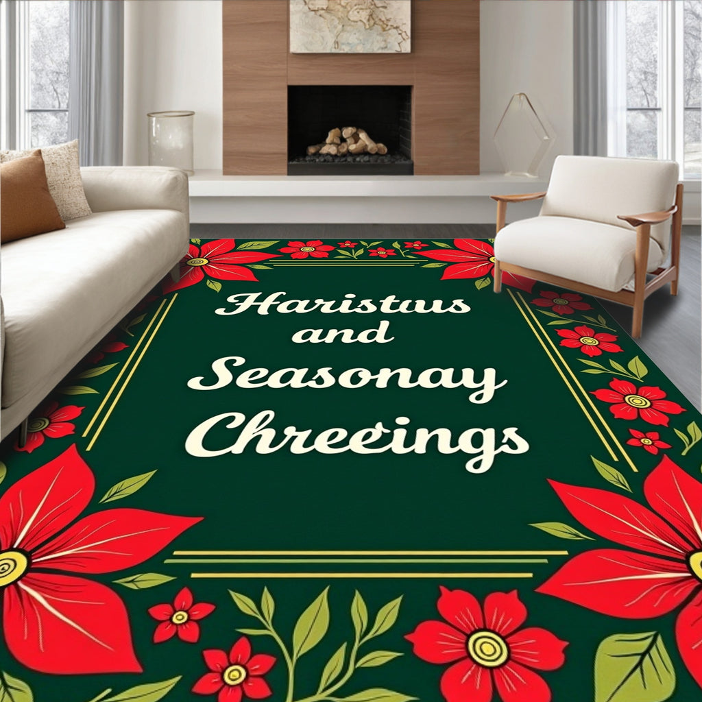Red Poinsettia Floral Border Rug
