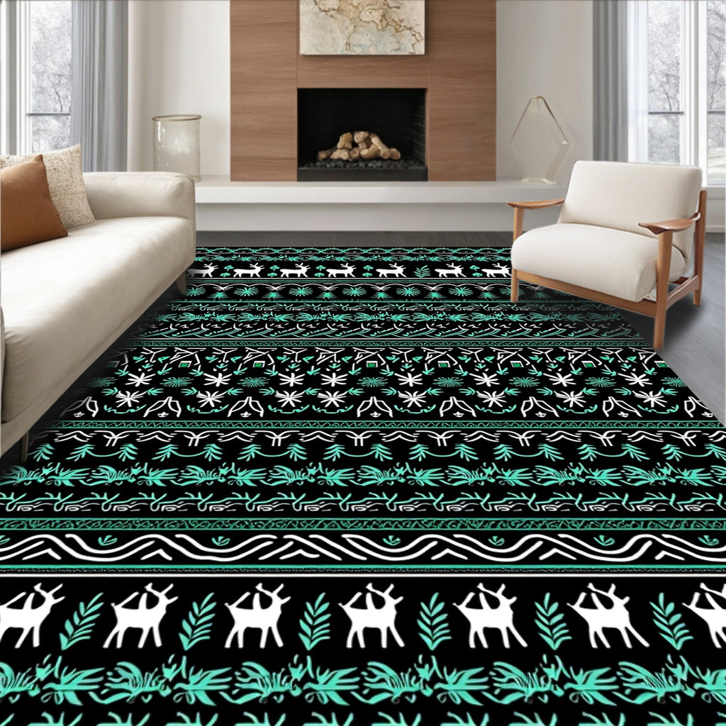 Black White Teal Reindeer Forest Stripe Rug
