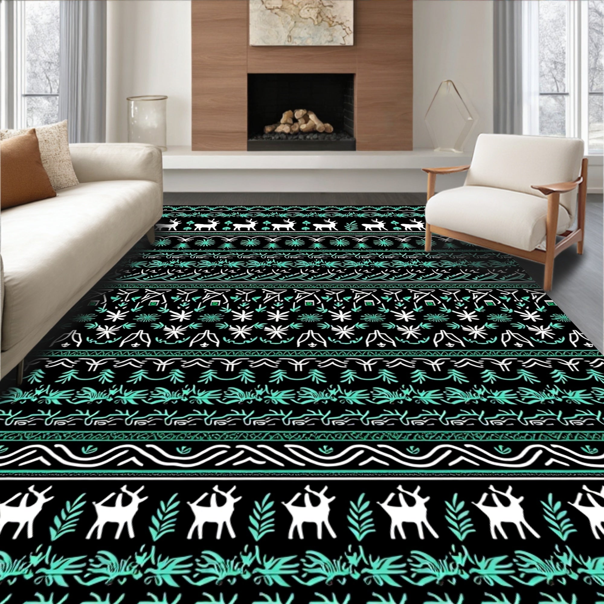 Black White Teal Reindeer Forest Stripe Rug