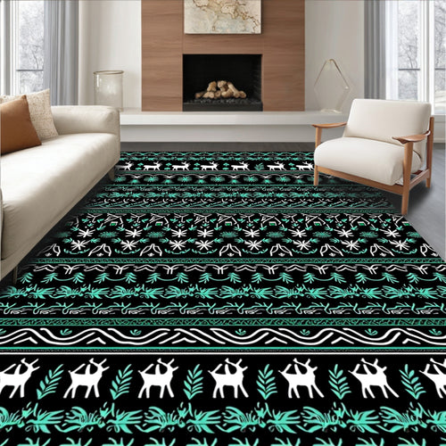 Black White Teal Reindeer Forest Stripe Rug