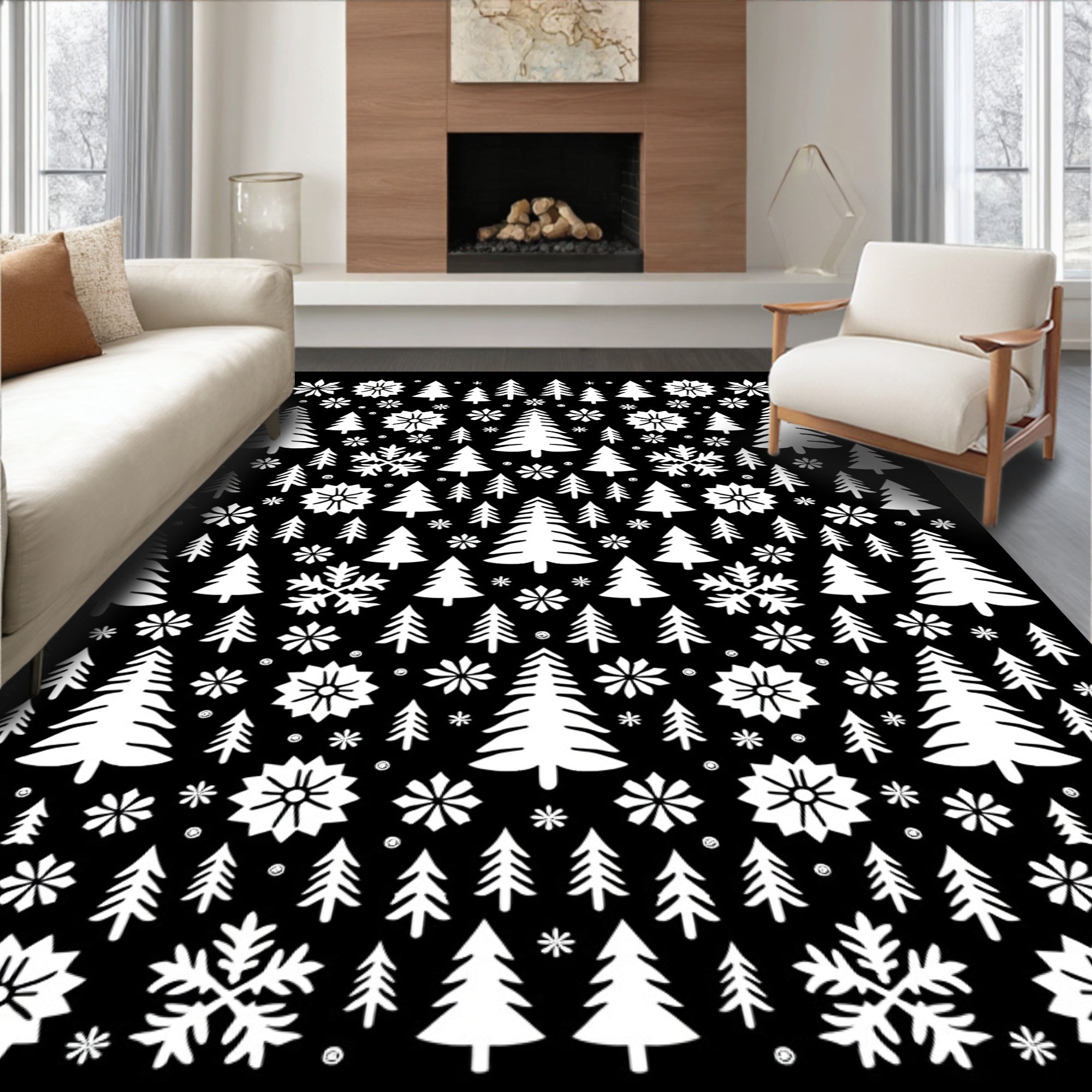 White Winter Trees Snowflake Collage Rug