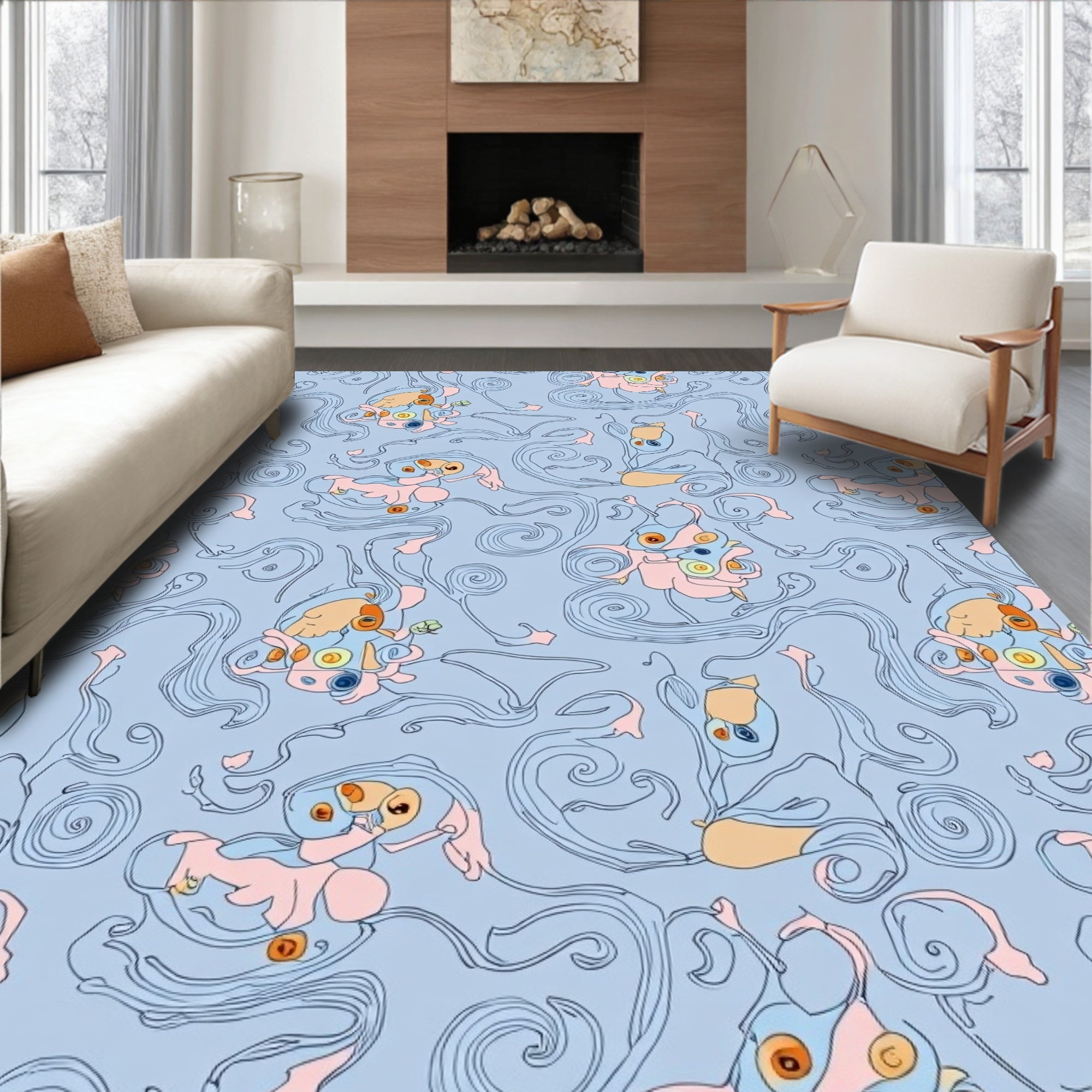 Pastel Blue Whimsical Creature Swirl Rug