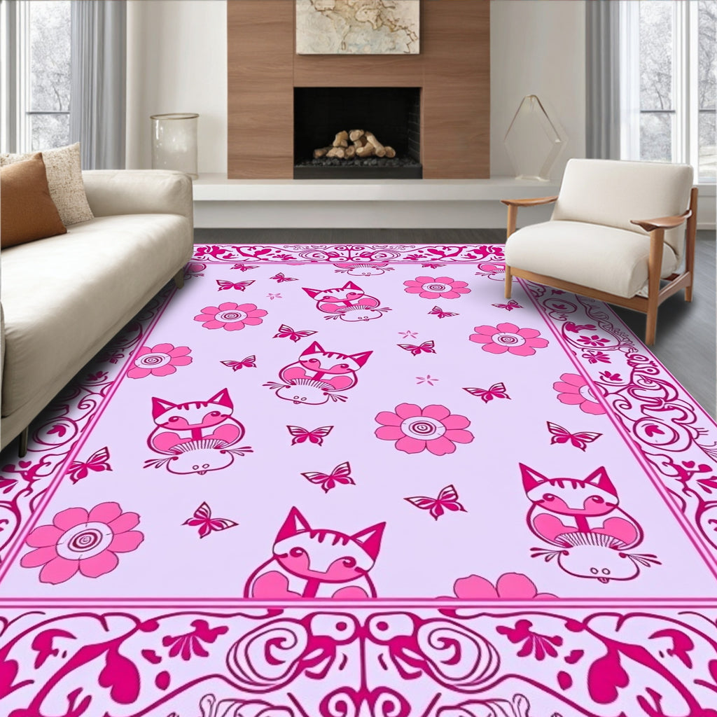 Pink Foxy Floral Butterfly Border Rug