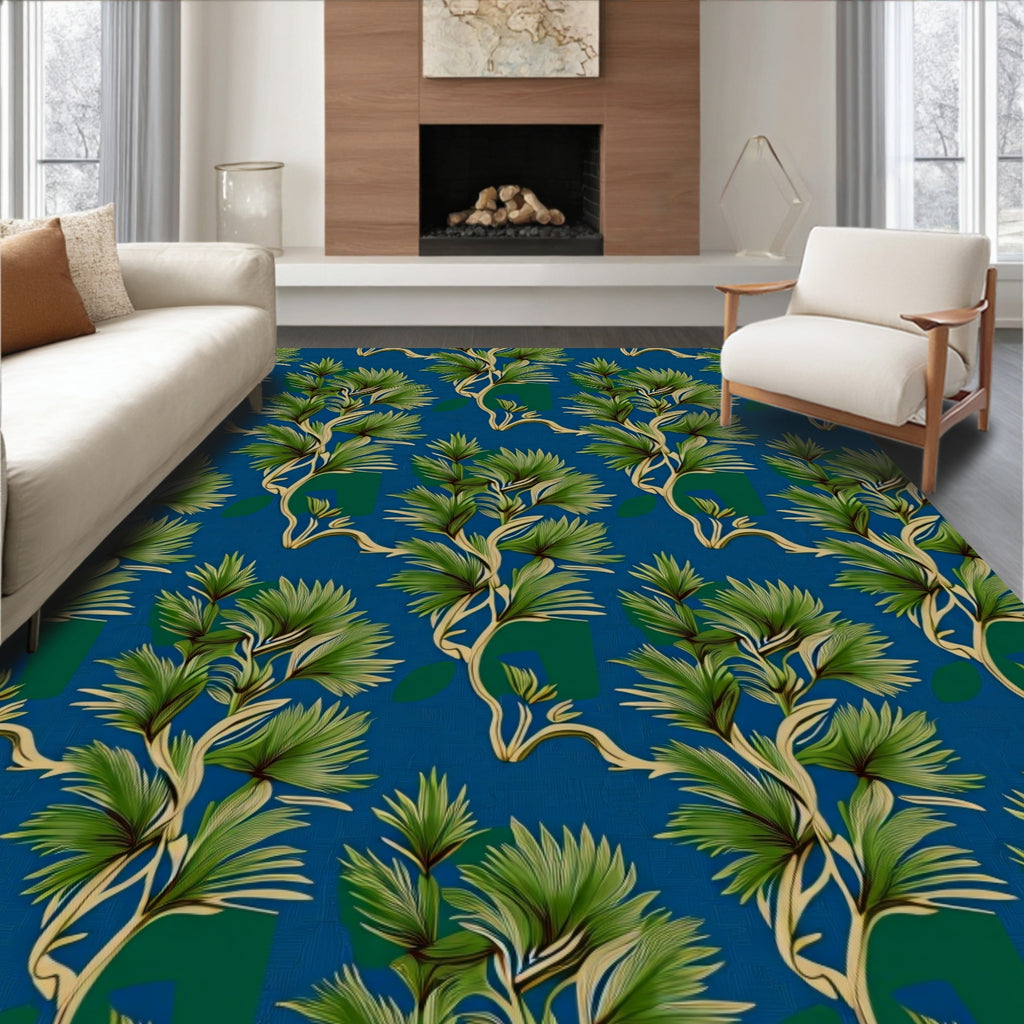 Verdant Tropical Palm Fronds On Blue Rug