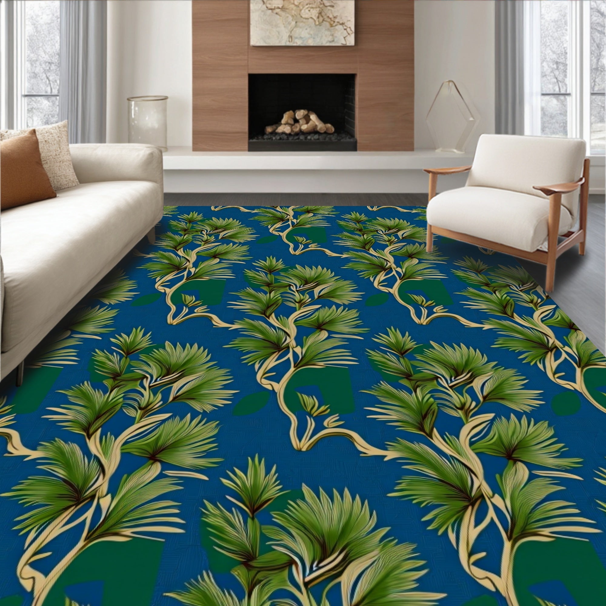 Verdant Tropical Palm Fronds On Blue Rug