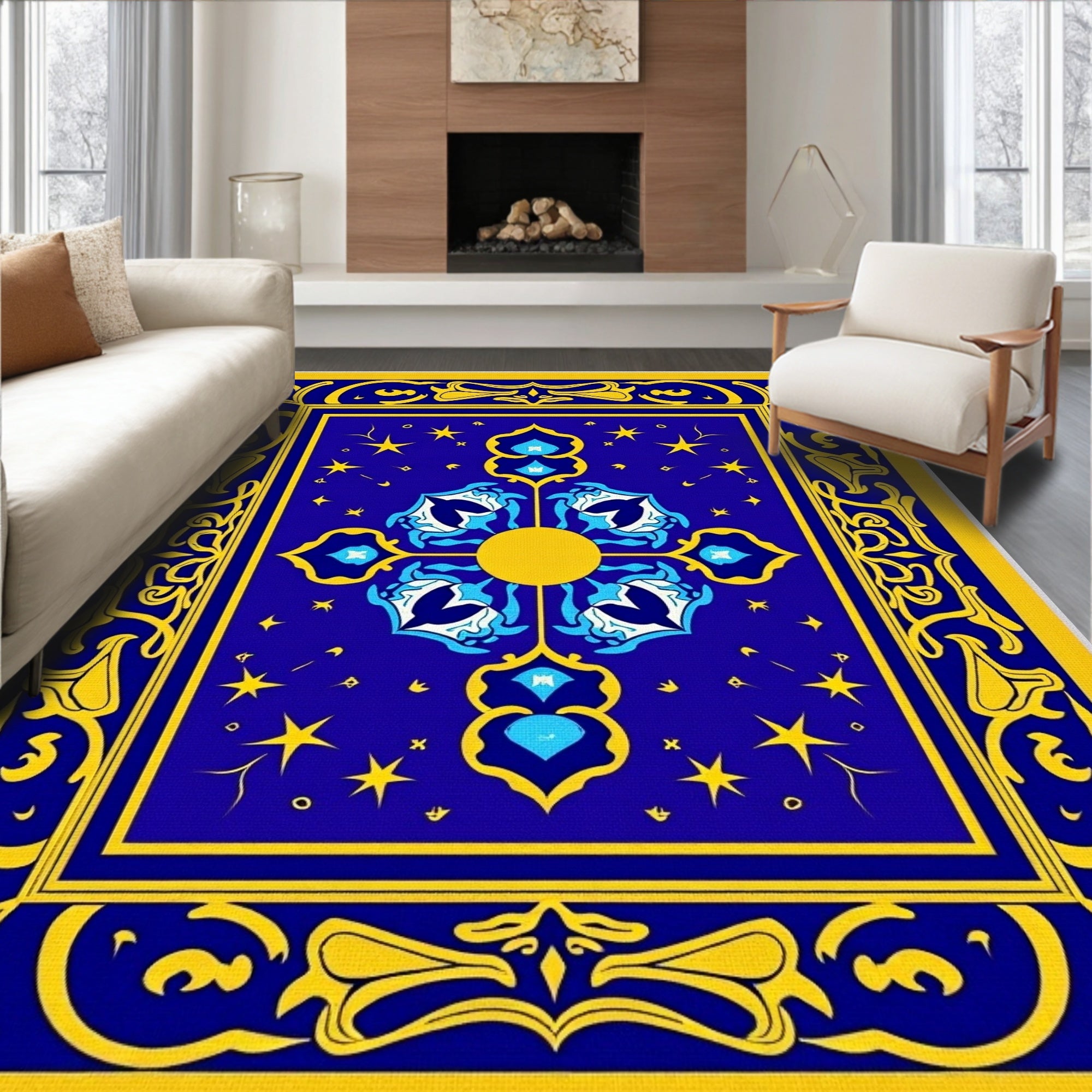 Royal Blue Yellow Celestial Medallion Rug