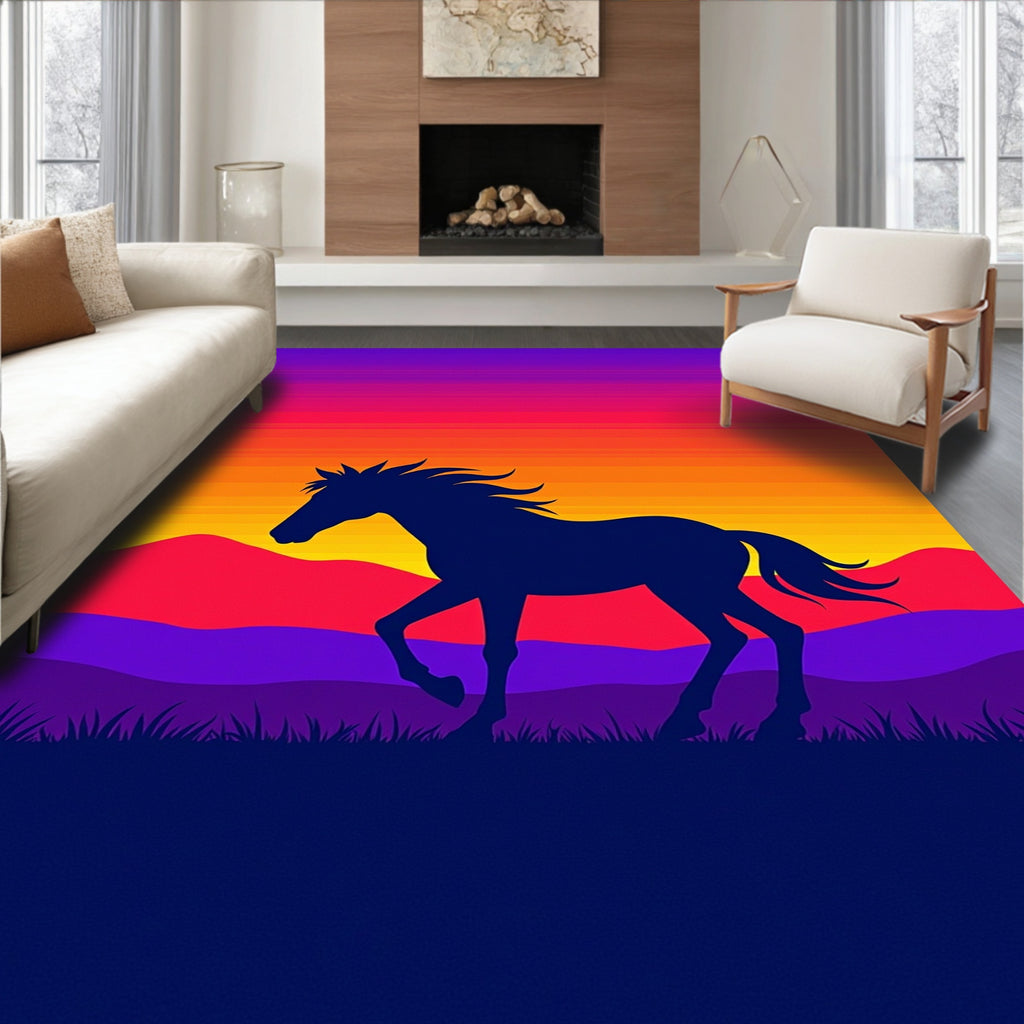Wild Horse Silhouette Vibrant Sunset Rug