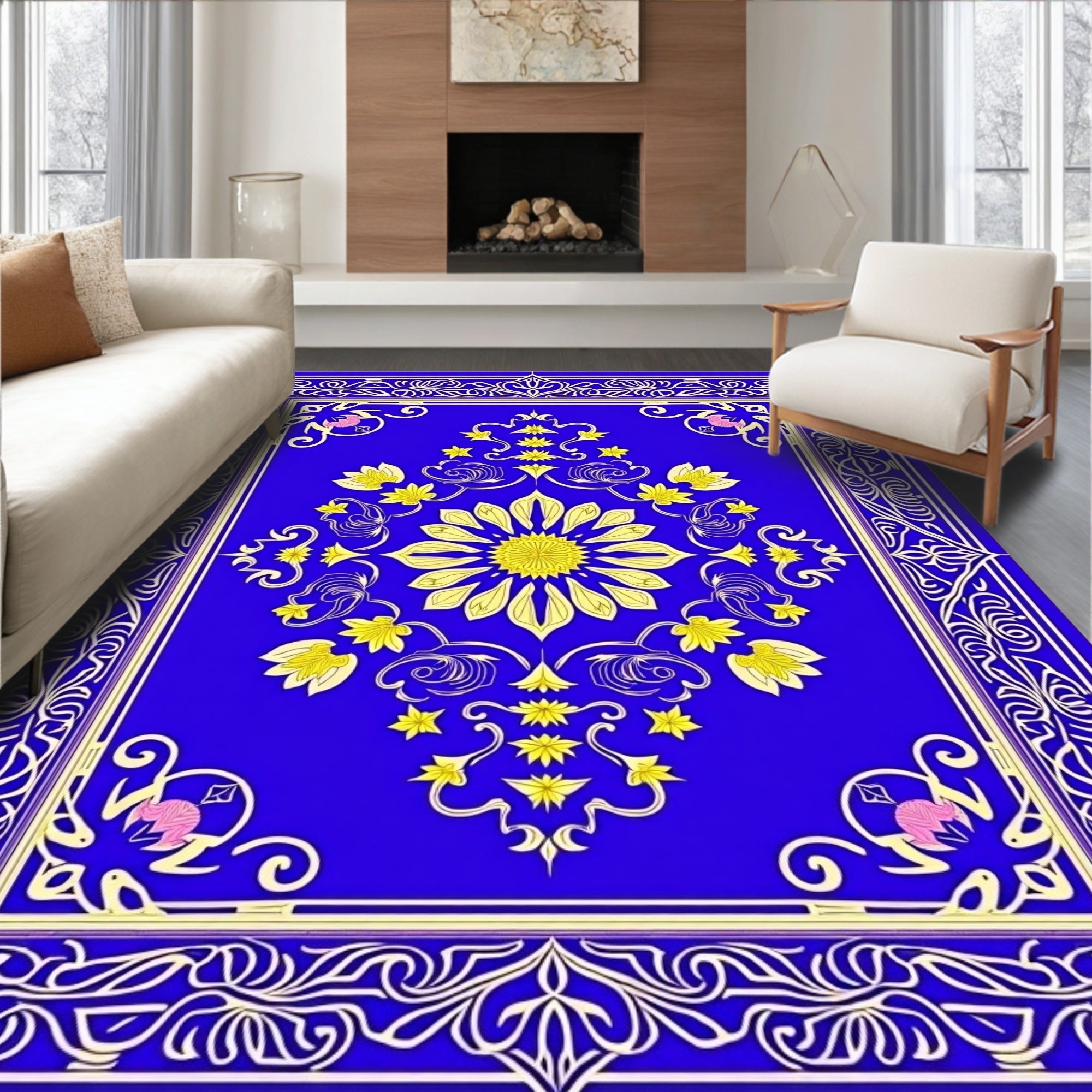 Royal Blue Yellow Floral Medallion Border Rug