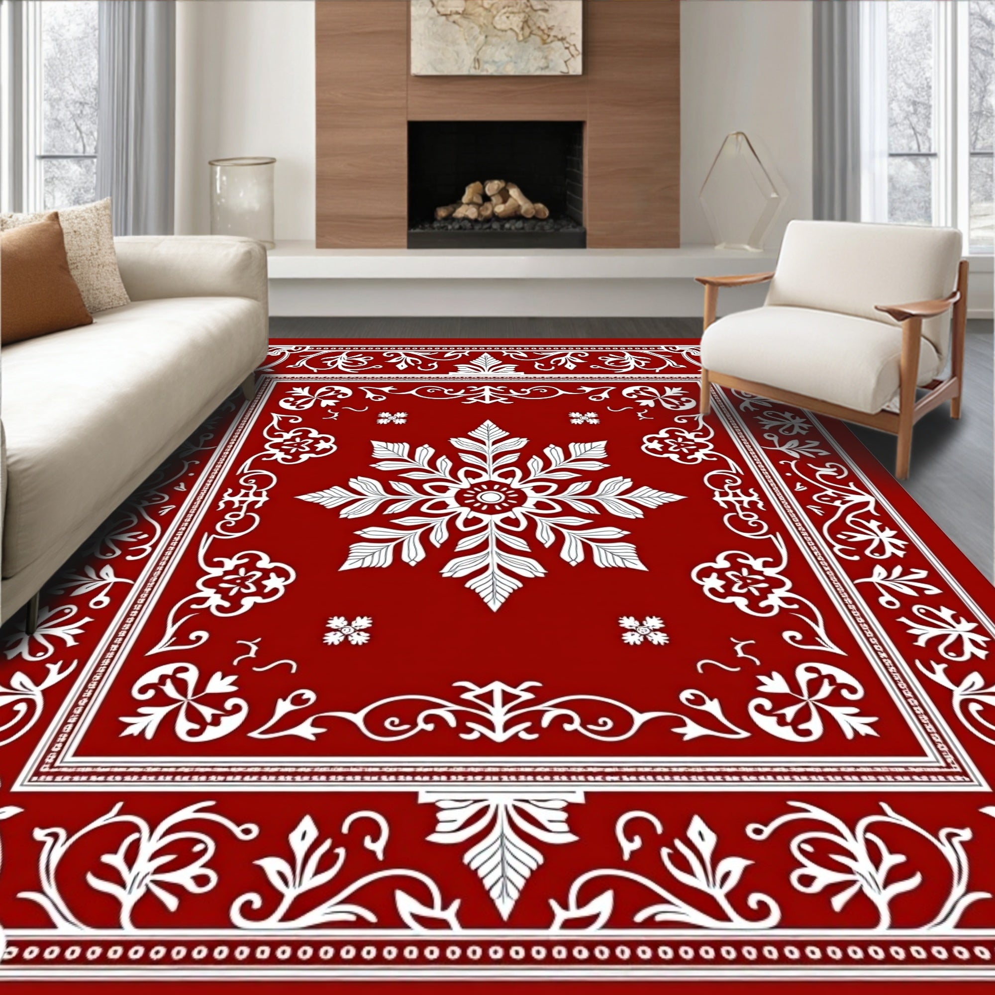 Crimson white ornate floral medallion Rug