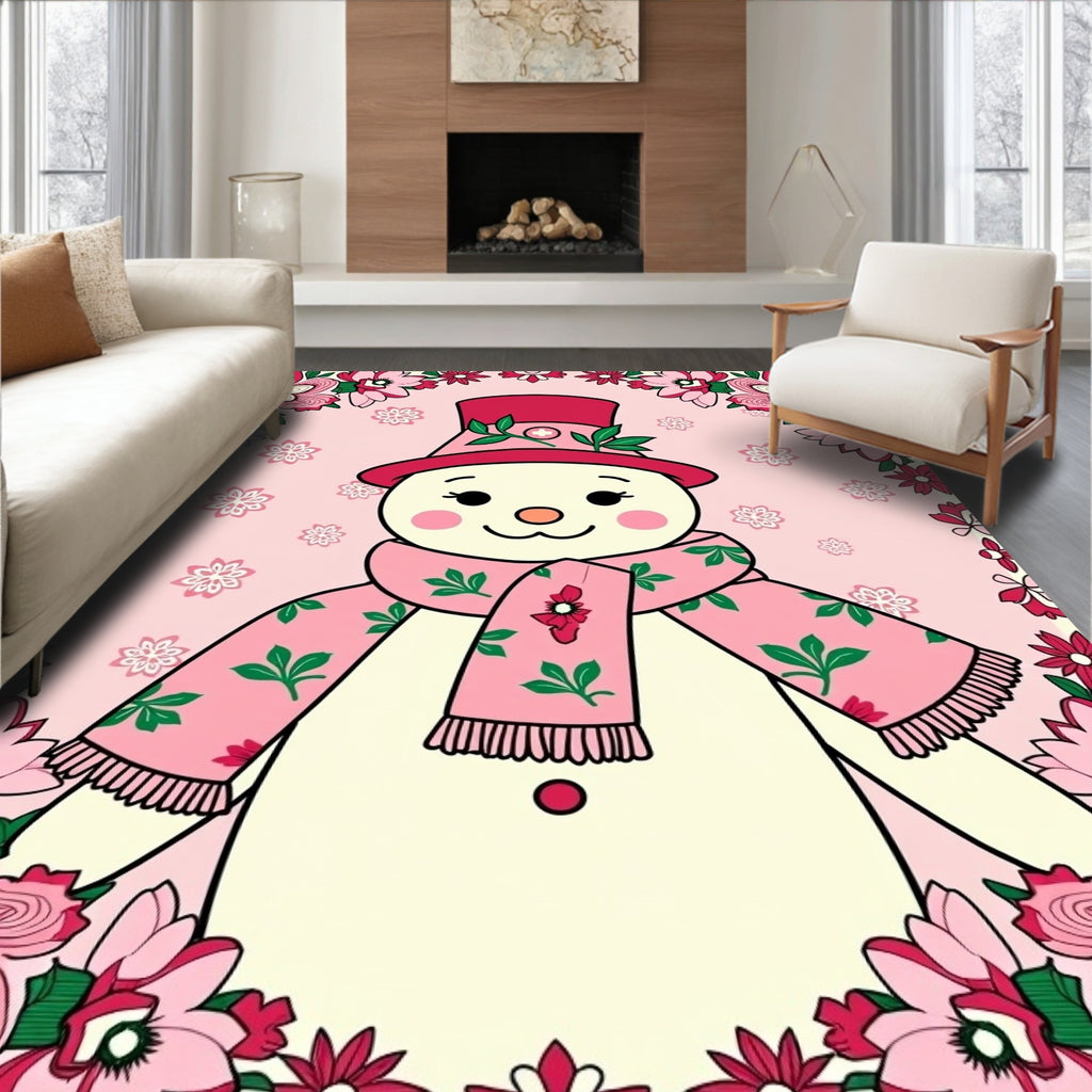 Pink Snowman Floral Border Rug