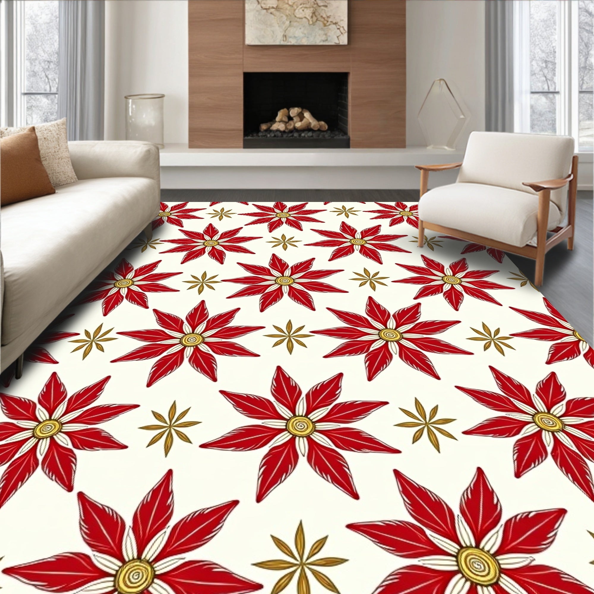 Crimson Golden Starburst Floral Rug