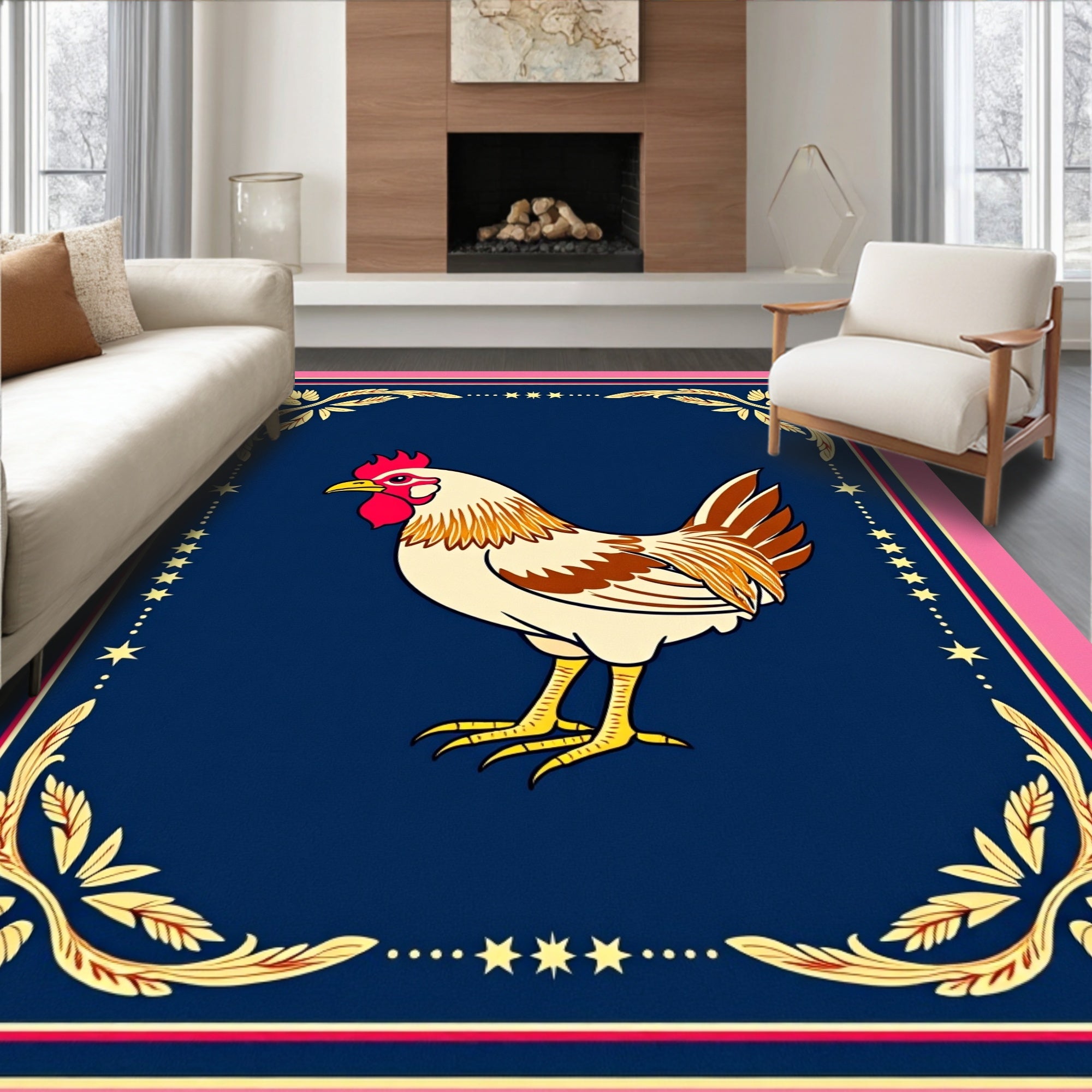 Vintage Rooster Gold Floral Frame Rug