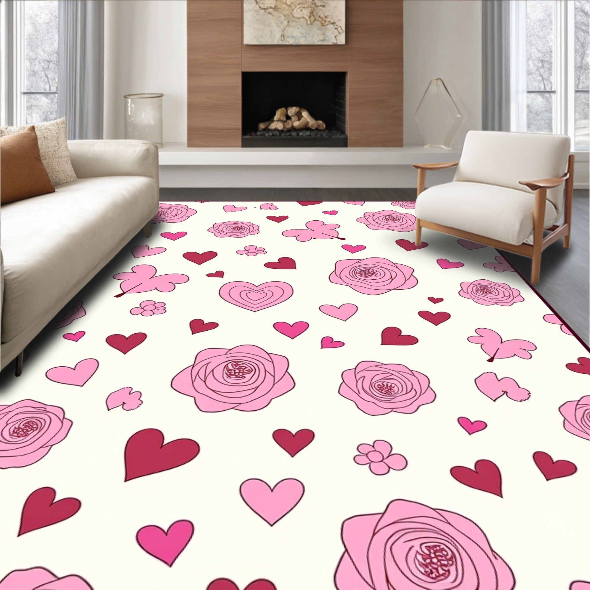 Pink Roses Hearts Butterfly Collage Rug