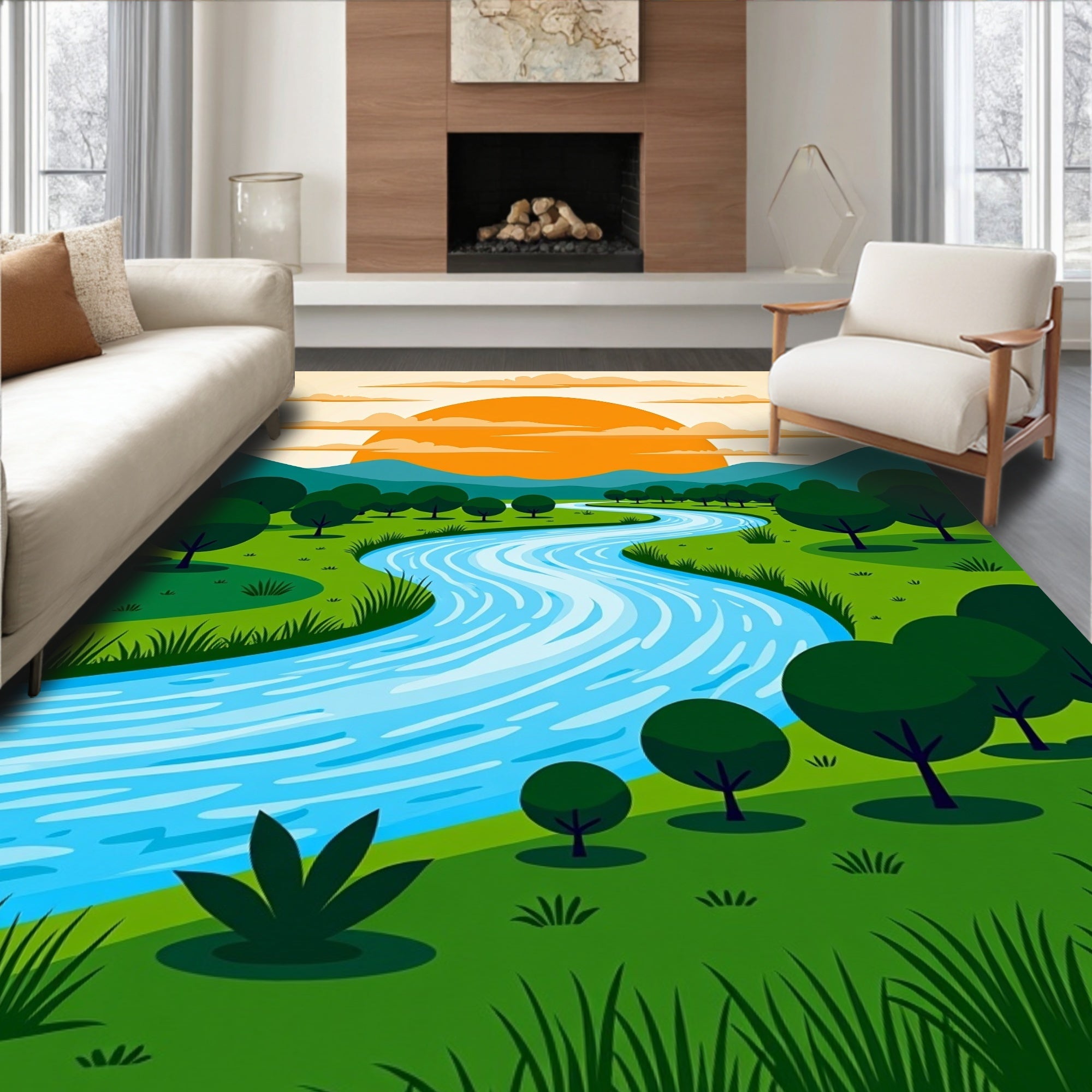 Winding River Sunset Landscape Rug