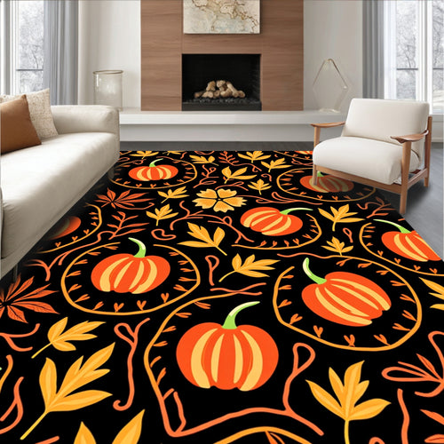 Autumn Orange Pumpkin Floral Vine Rug