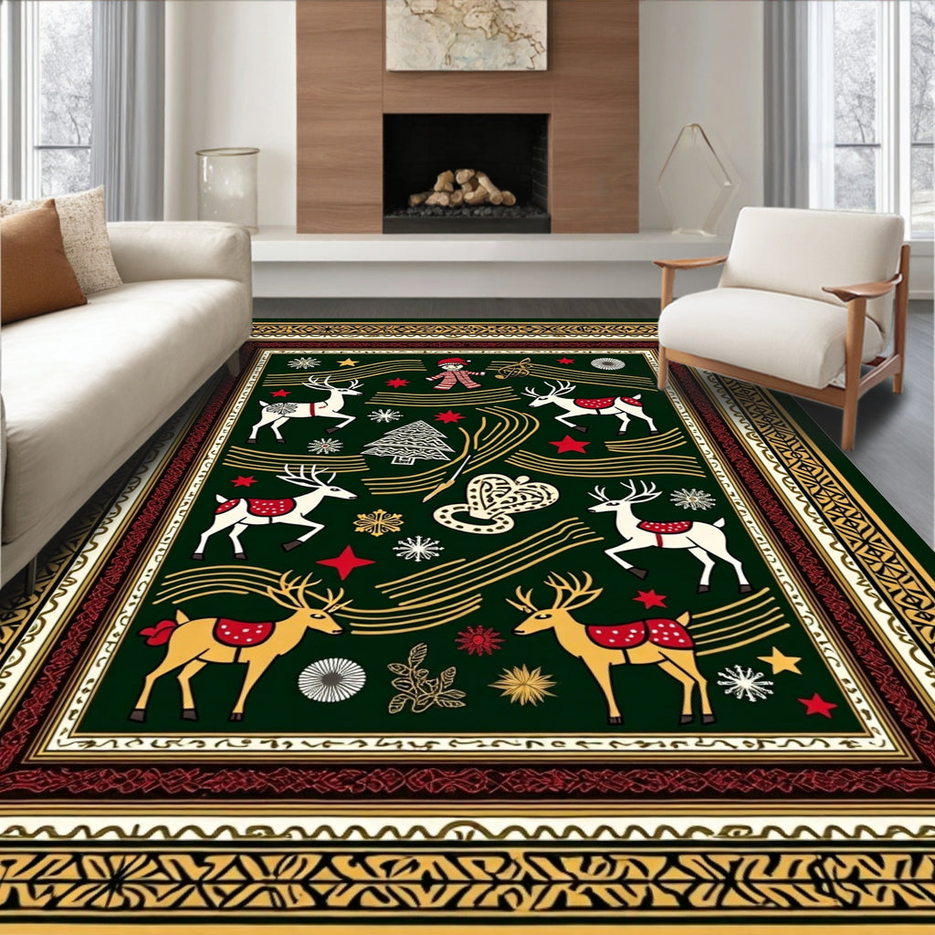 Festive Green Reindeer And Snowflakes Rug