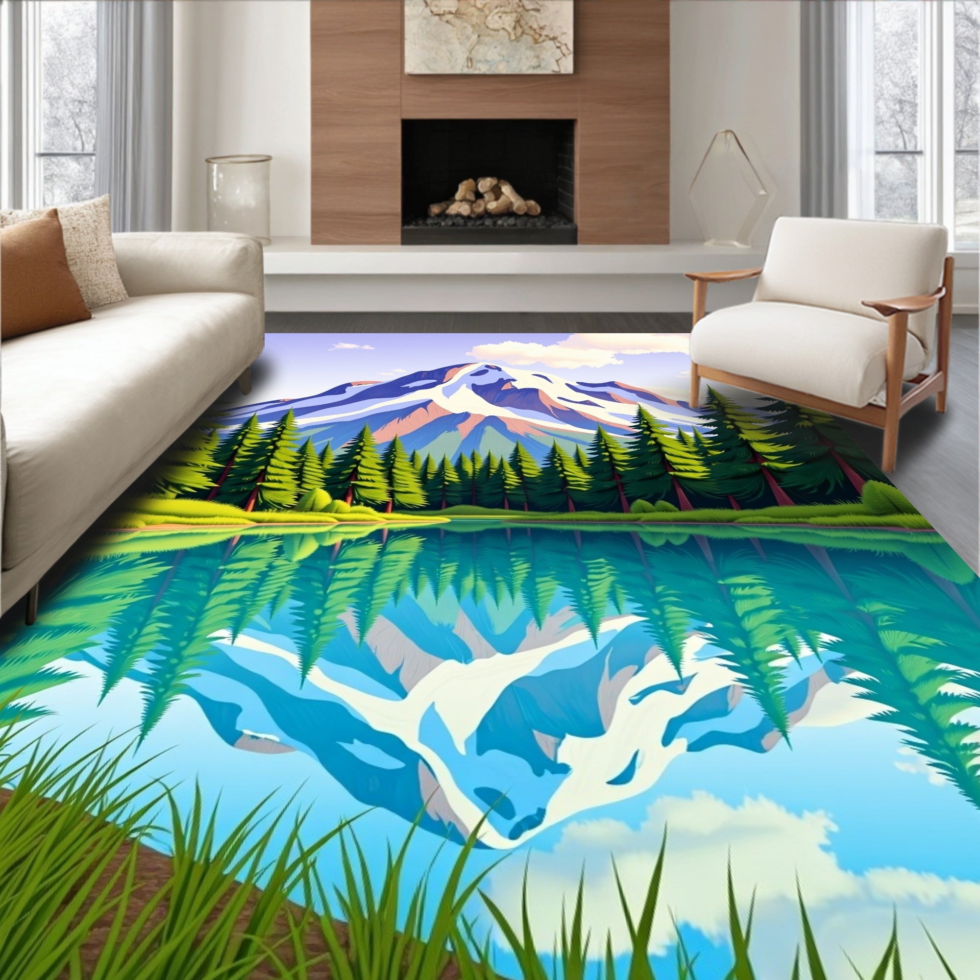 Enchanting Mountain Lake Pine Reflection Rug