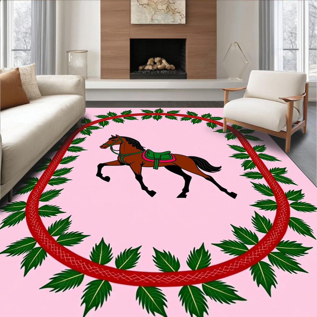 Equestrian Green Leaf Oval Frame Rug