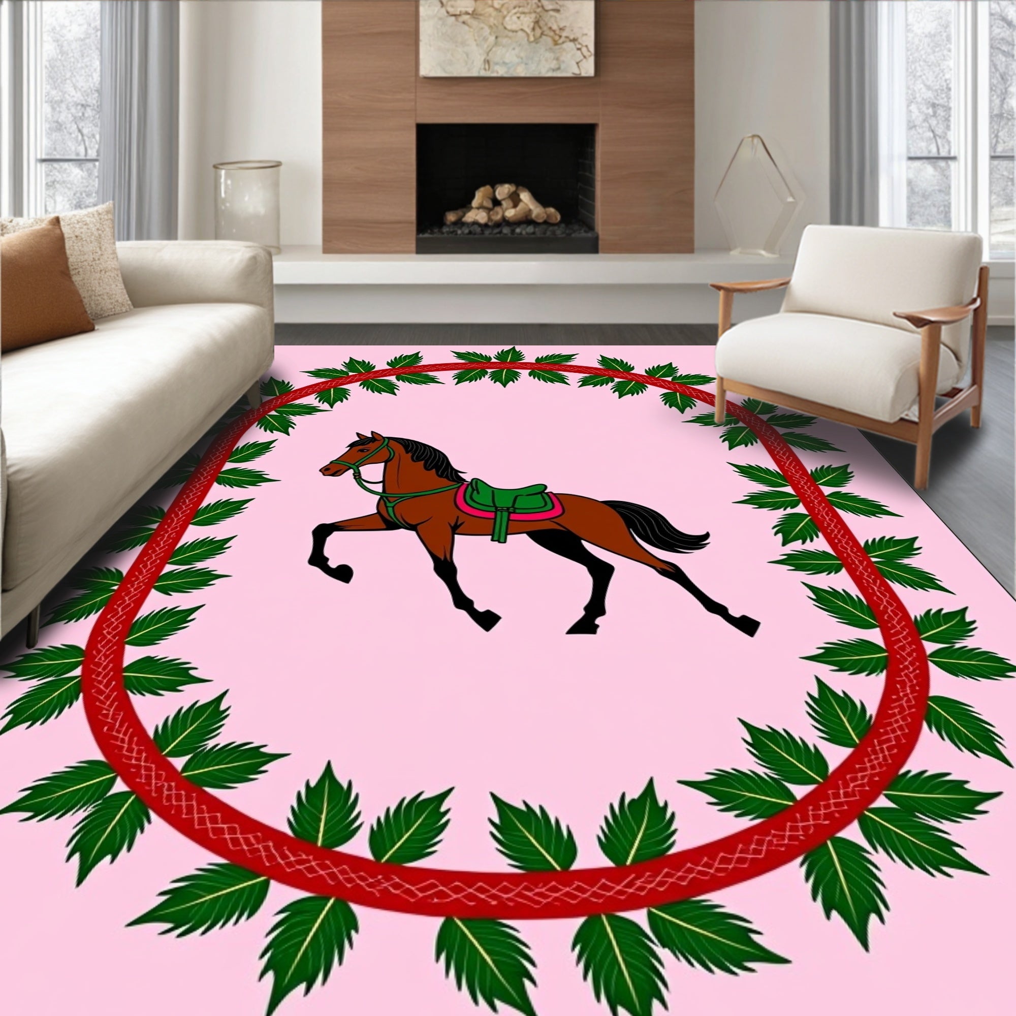 Equestrian Green Leaf Oval Frame Rug