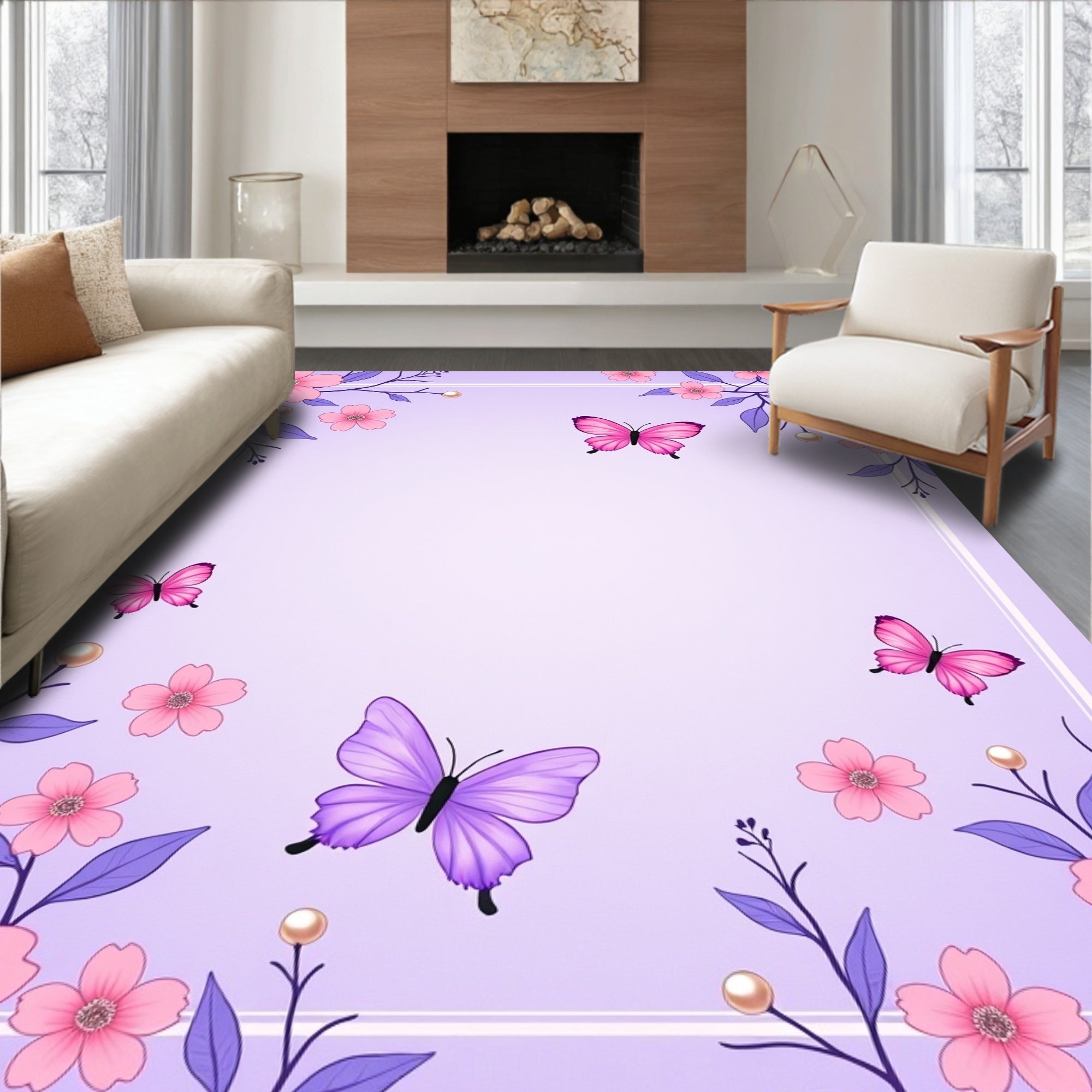 Lavender Pink Butterfly Floral Meadow Rug