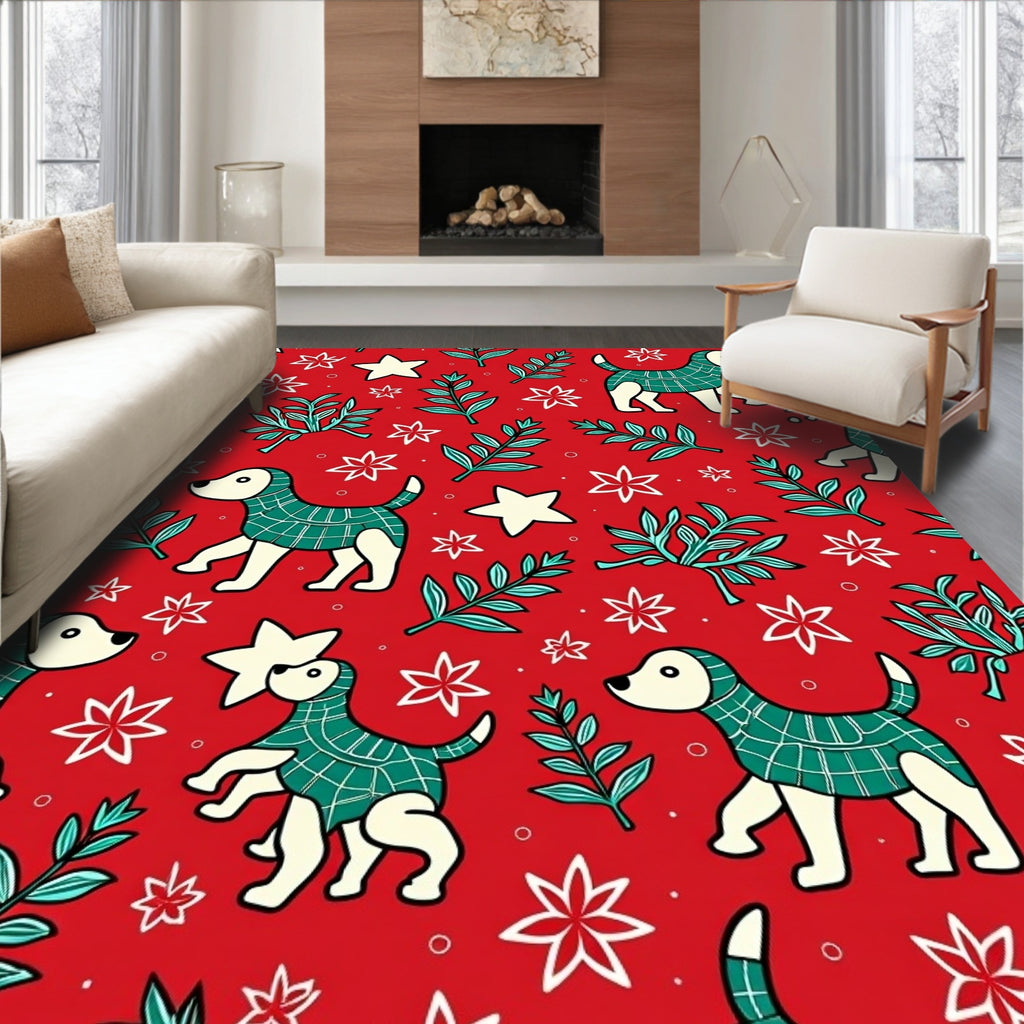 Red Whimsical Dog Star Branch Rug